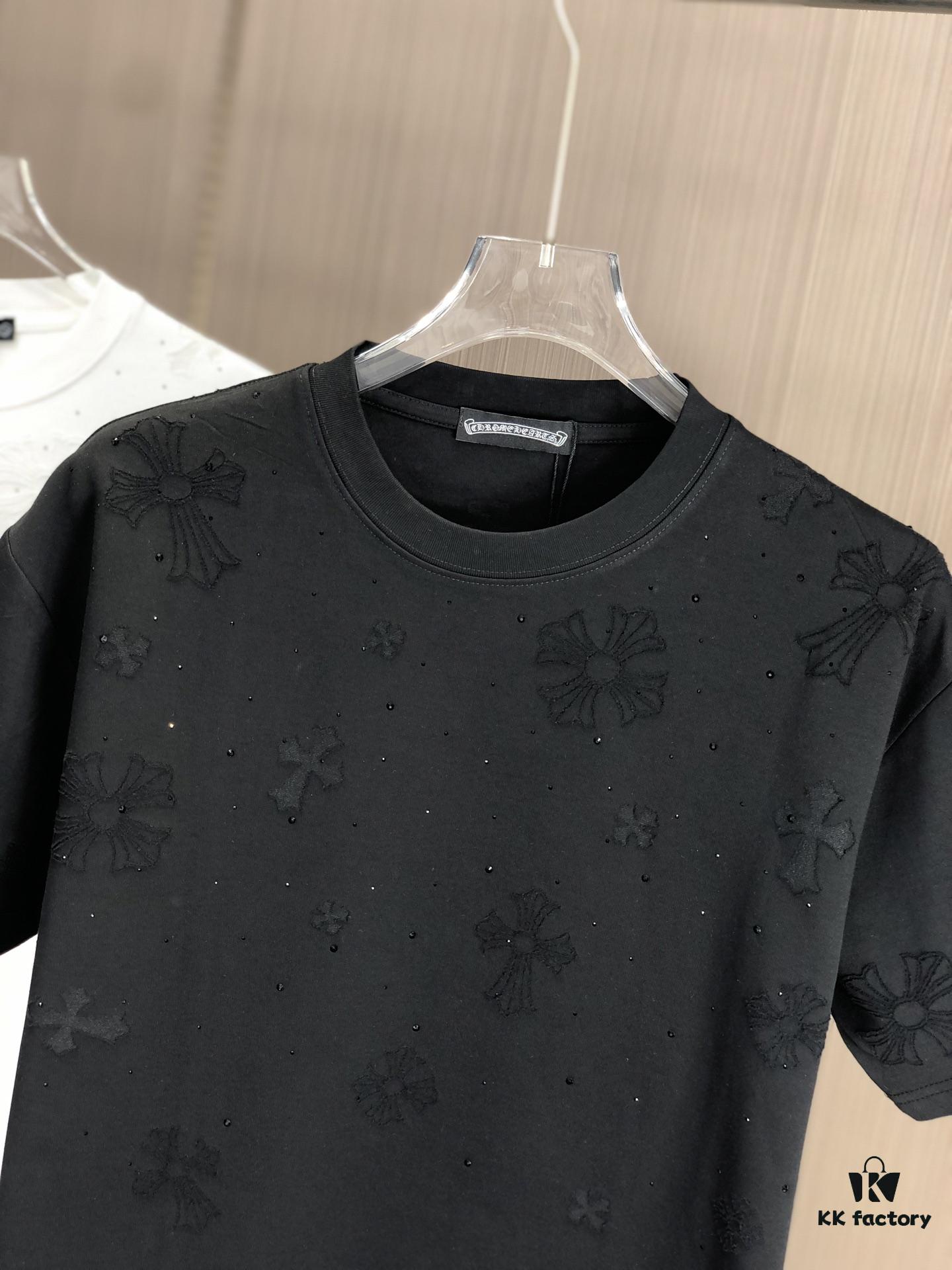 Kelo 2025 Spring Summer New Arrival Round Neck Short Sleeve T-Shirt with Laser Burnout Pattern and Full Rhinestones, 320g Heavyweight Double-Yarn Combed Cotton Fabric, Slightly Loose Unisex Fit