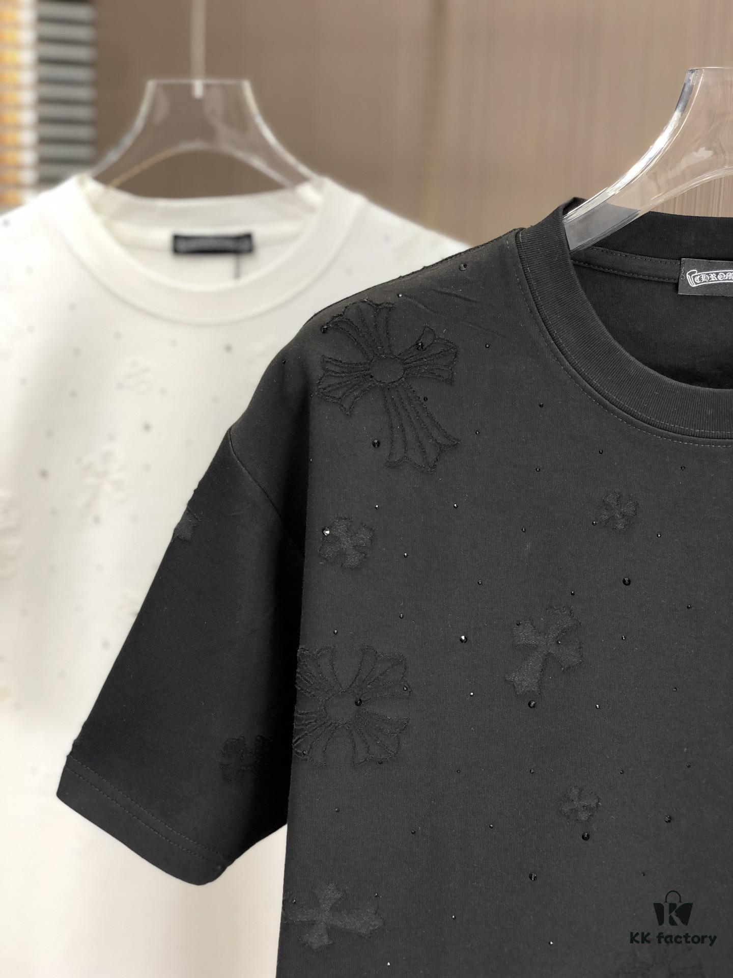 Kelo 2025 Spring Summer New Arrival Round Neck Short Sleeve T-Shirt with Laser Burnout Pattern and Full Rhinestones, 320g Heavyweight Double-Yarn Combed Cotton Fabric, Slightly Loose Unisex Fit