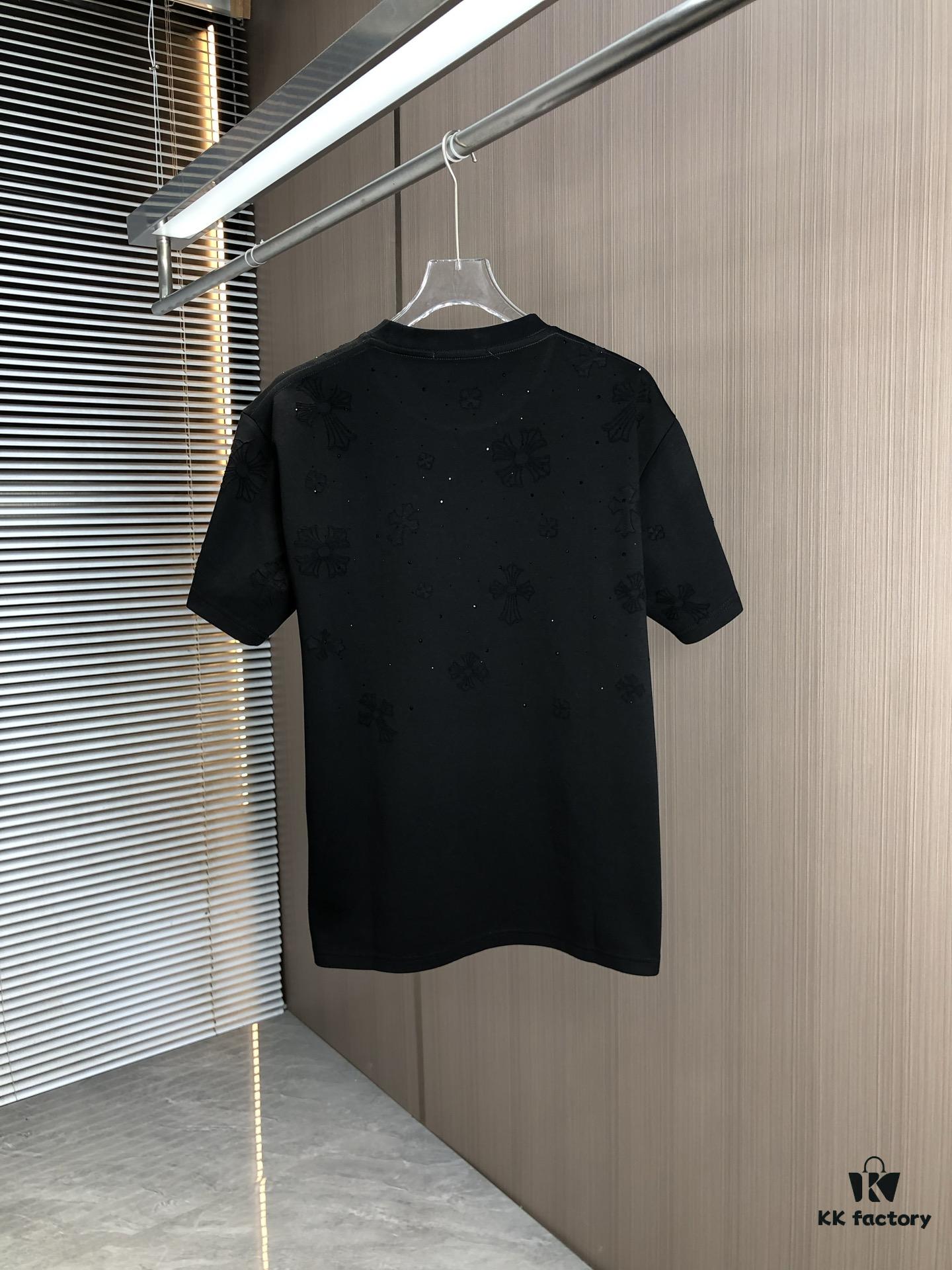 Kelo 2025 Spring Summer New Arrival Round Neck Short Sleeve T-Shirt with Laser Burnout Pattern and Full Rhinestones, 320g Heavyweight Double-Yarn Combed Cotton Fabric, Slightly Loose Unisex Fit