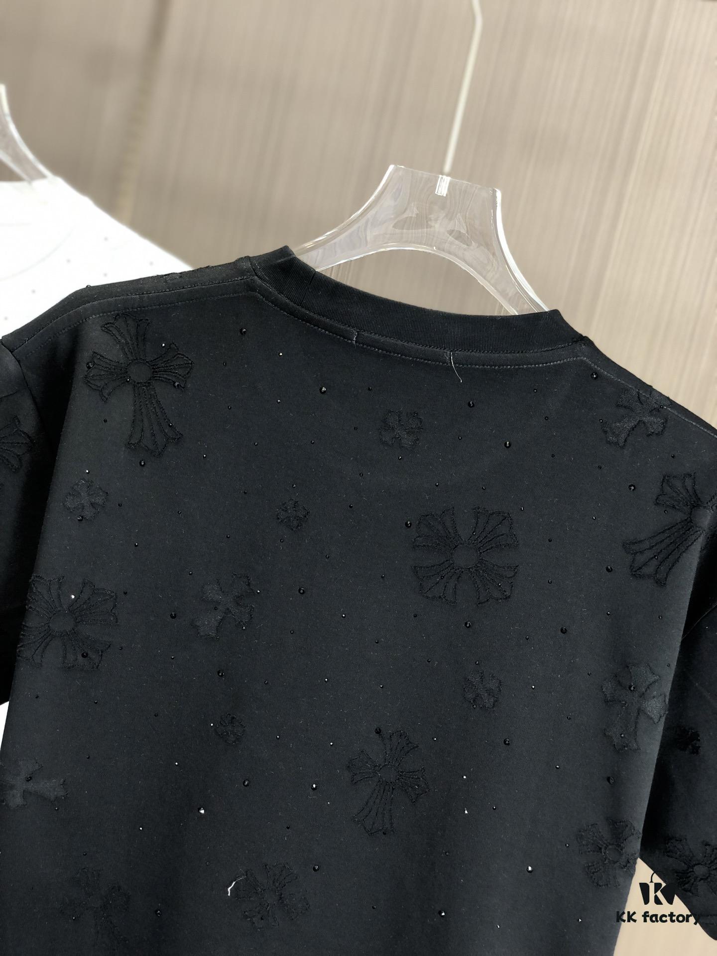 Kelo 2025 Spring Summer New Arrival Round Neck Short Sleeve T-Shirt with Laser Burnout Pattern and Full Rhinestones, 320g Heavyweight Double-Yarn Combed Cotton Fabric, Slightly Loose Unisex Fit