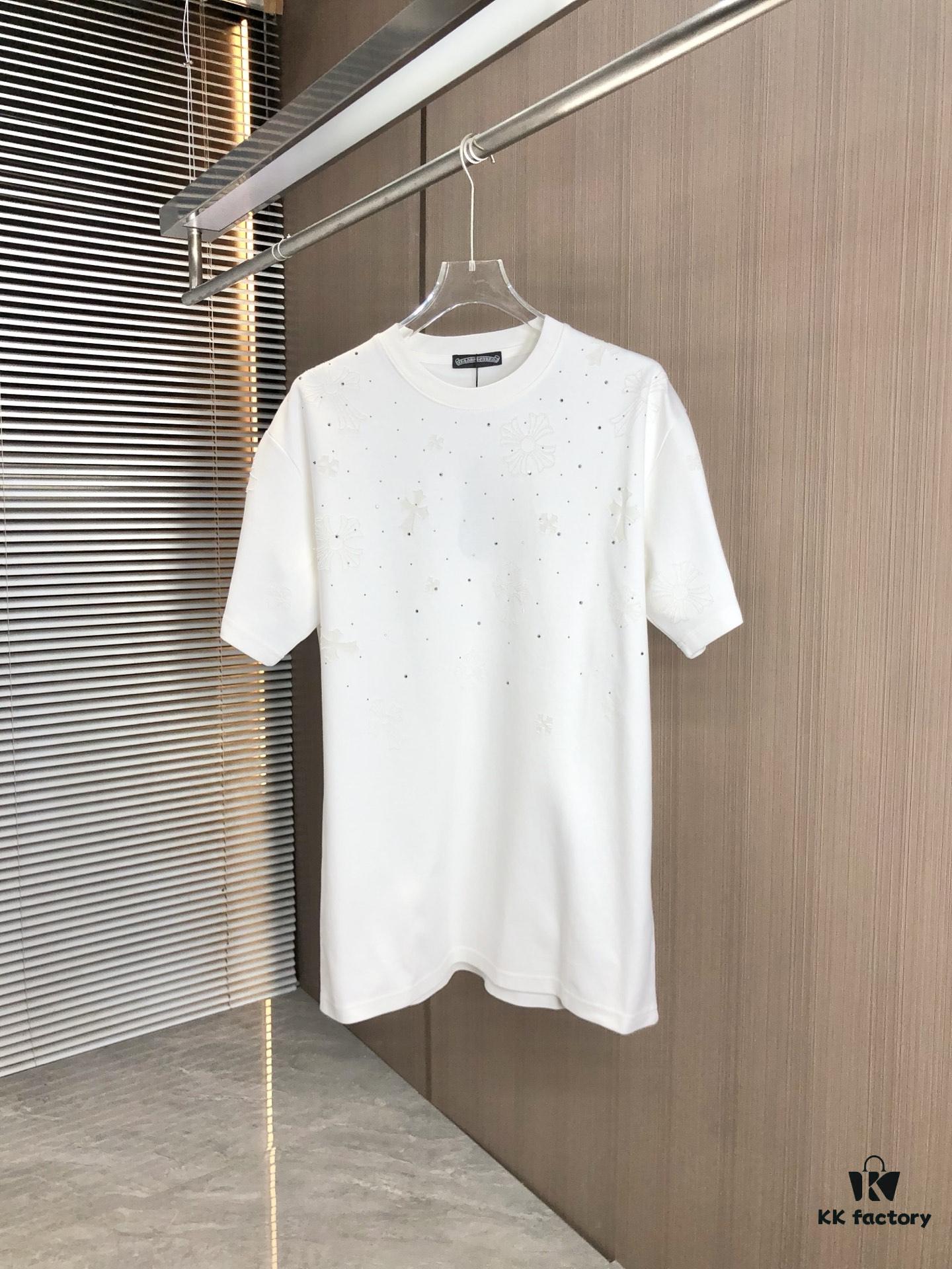 Kelo 2025 Spring Summer New Arrival Round Neck Short Sleeve T-Shirt with Laser Burnout Pattern and Full Rhinestones, 320g Heavyweight Double-Yarn Combed Cotton Fabric, Slightly Loose Unisex Fit