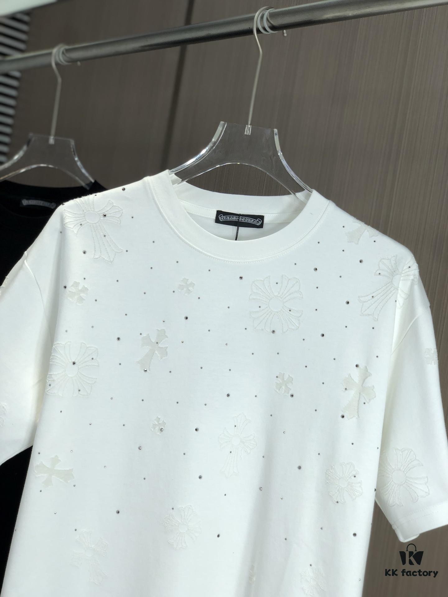 Kelo 2025 Spring Summer New Arrival Round Neck Short Sleeve T-Shirt with Laser Burnout Pattern and Full Rhinestones, 320g Heavyweight Double-Yarn Combed Cotton Fabric, Slightly Loose Unisex Fit