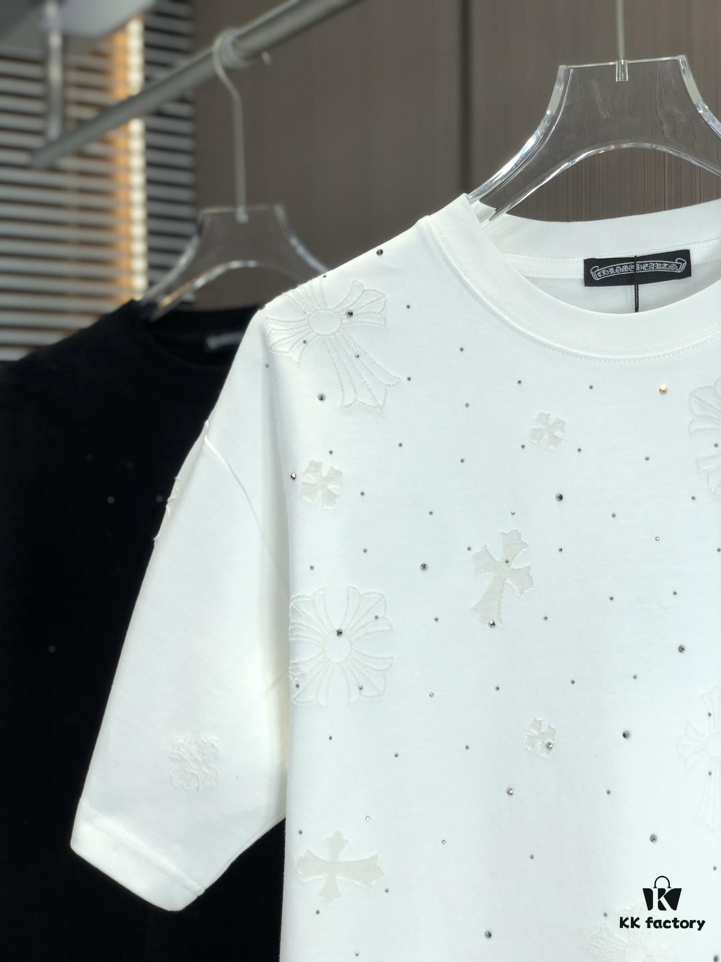 Kelo 2025 Spring Summer New Arrival Round Neck Short Sleeve T-Shirt with Laser Burnout Pattern and Full Rhinestones, 320g Heavyweight Double-Yarn Combed Cotton Fabric, Slightly Loose Unisex Fit