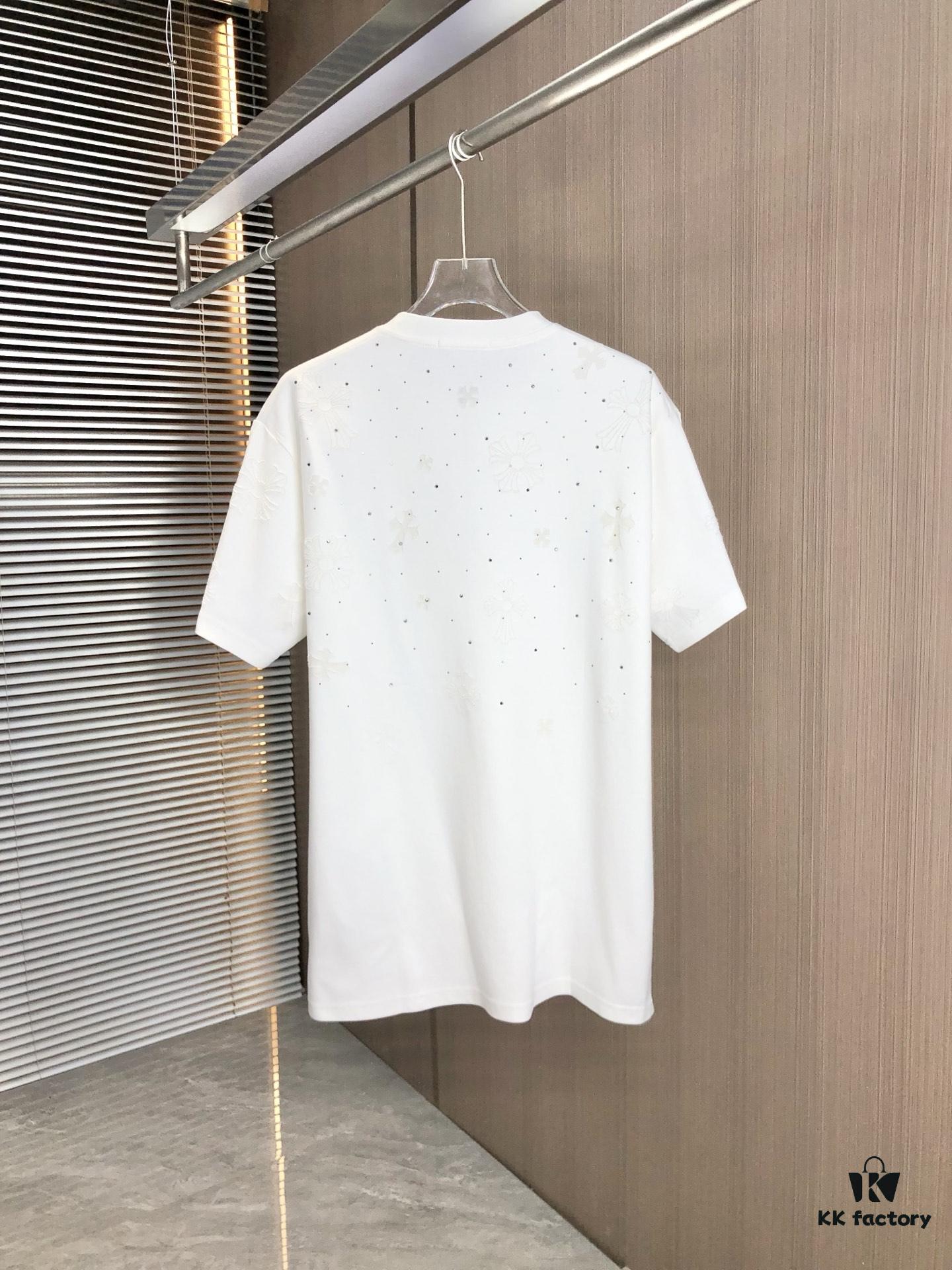 Kelo 2025 Spring Summer New Arrival Round Neck Short Sleeve T-Shirt with Laser Burnout Pattern and Full Rhinestones, 320g Heavyweight Double-Yarn Combed Cotton Fabric, Slightly Loose Unisex Fit