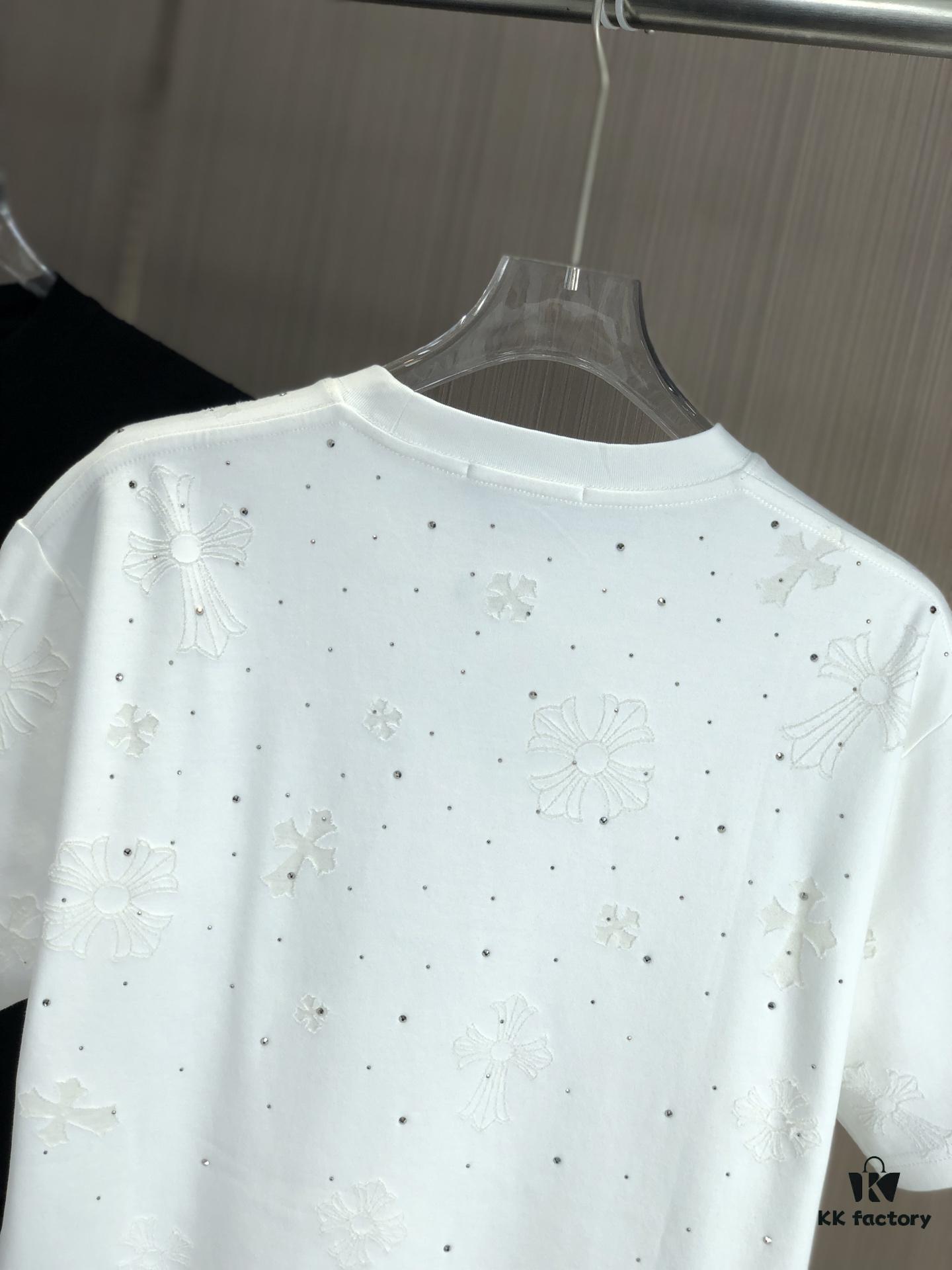 Kelo 2025 Spring Summer New Arrival Round Neck Short Sleeve T-Shirt with Laser Burnout Pattern and Full Rhinestones, 320g Heavyweight Double-Yarn Combed Cotton Fabric, Slightly Loose Unisex Fit