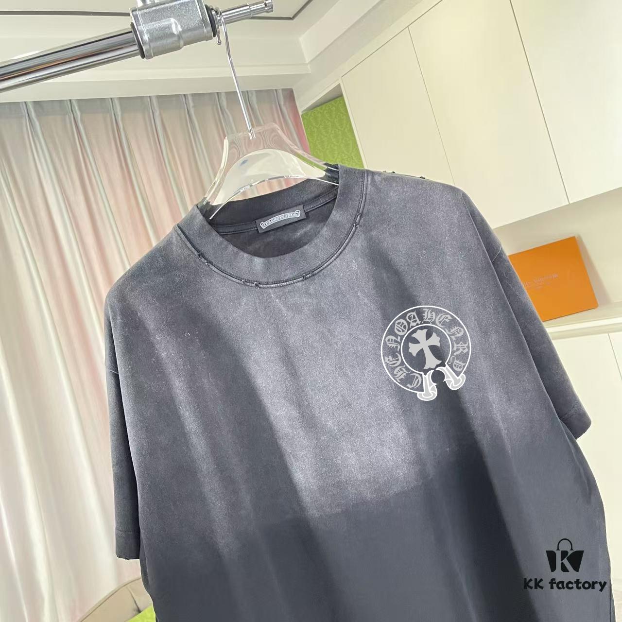 CH Cro* 2025 Summer New Arrival Distressed Washed Ripped Monkey Spray Buddhist Scripture Cross Print Short Sleeve T-Shirt Custom 320g Fabric Unisex