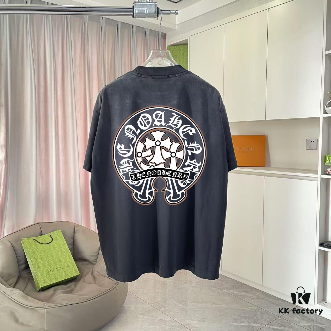 CH Cro* 2025 Summer New Arrival Distressed Washed Ripped Monkey Spray Buddhist Scripture Cross Print Short Sleeve T-Shirt Custom 320g Fabric Unisex