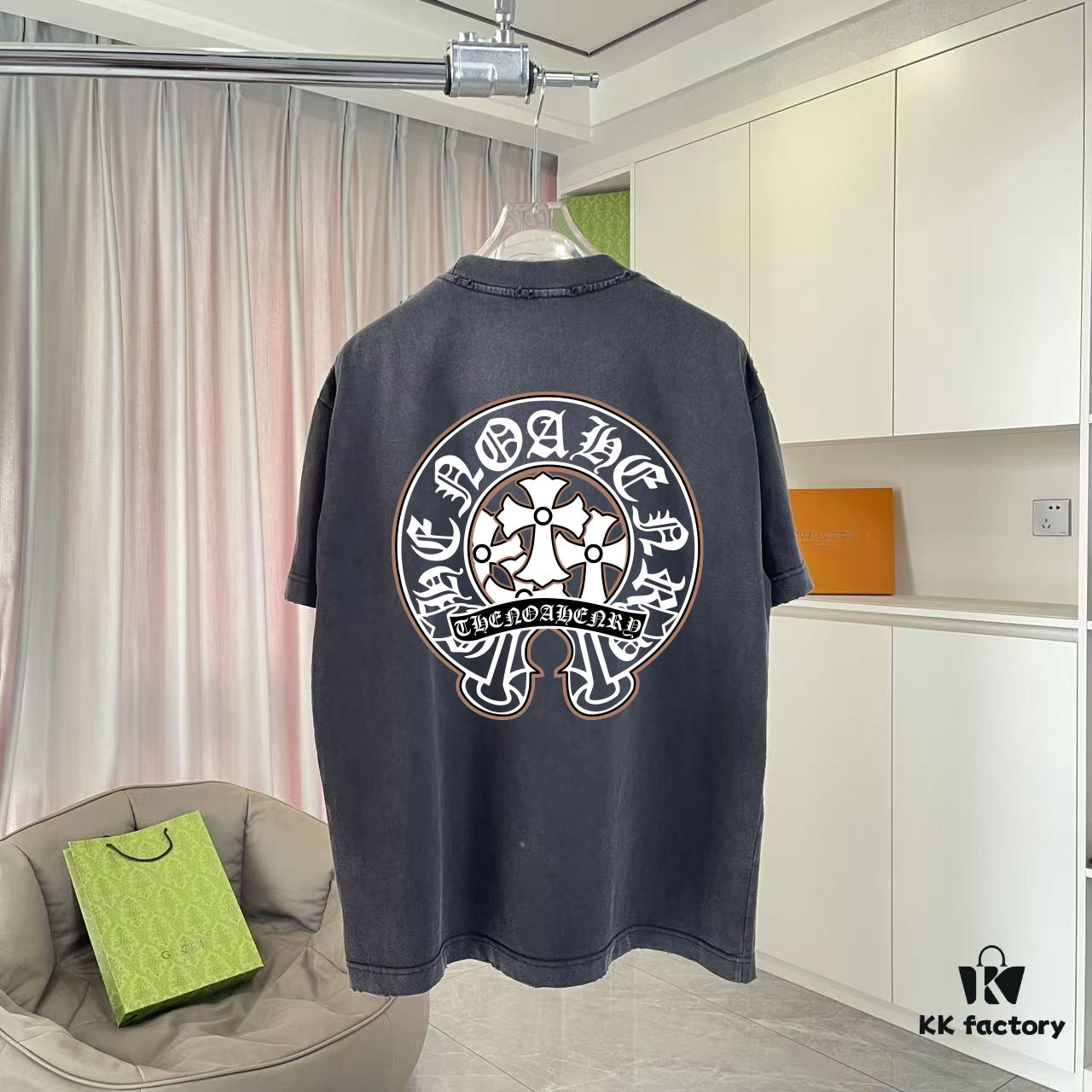 CH Crochet * 2025 Summer New Arrival Distressed Washed Short Sleeve T-Shirt with Monkey Spray and Sanskrit Cross Print Unisex Custom 320g Fabric