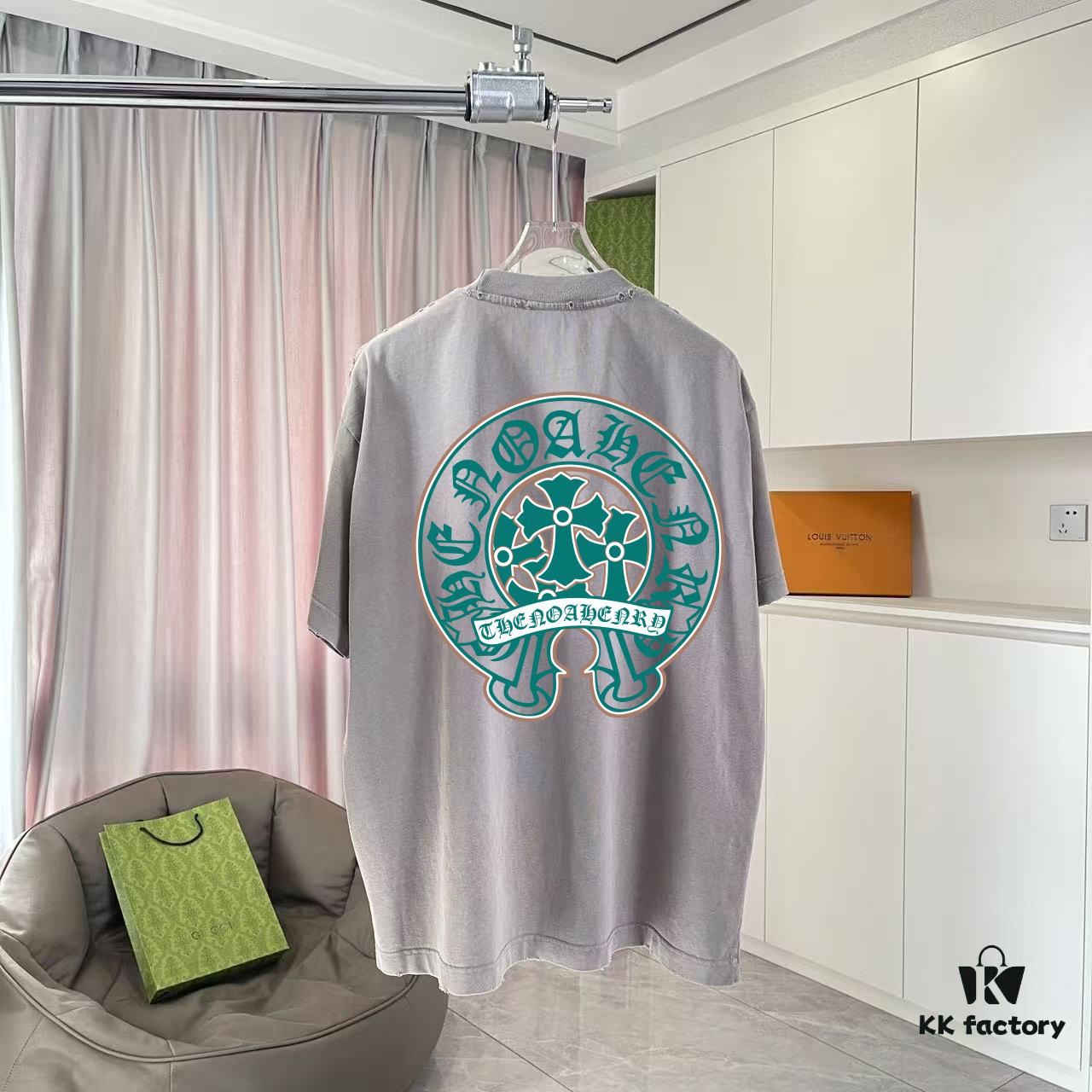 Ch Kro *2025 Summer New Arrival Distressed Washed T-Shirt with Monkey Spray and Sanskrit Cross Print Short-Sleeve Tee Custom 320g Fabric Unisex