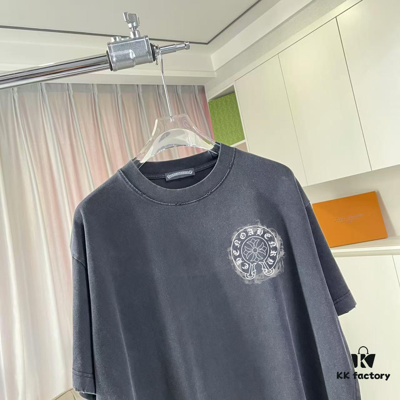 CH Crochet * 2025 Summer New Arrival Distressed Washed Short Sleeve T-Shirt with Monkey Spray and Sanskrit Cross Print Unisex Custom 320g Fabric