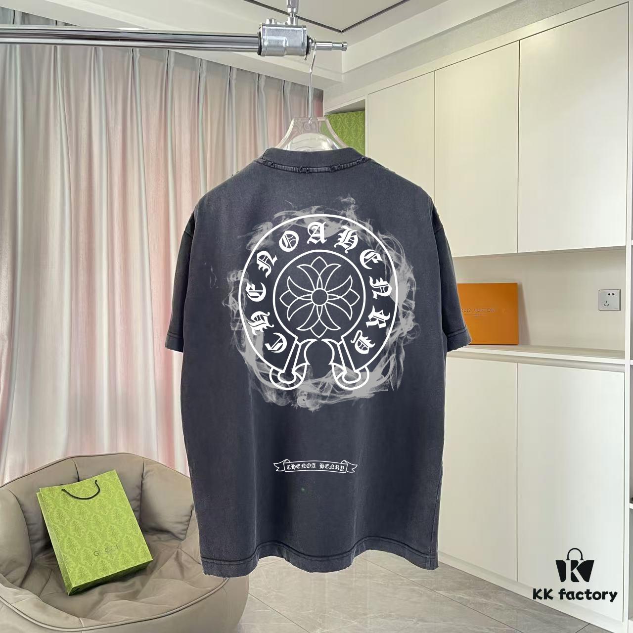 CH Crochet * 2025 Summer New Arrival Distressed Washed Short Sleeve T-Shirt with Monkey Spray and Sanskrit Cross Print Unisex Custom 320g Fabric