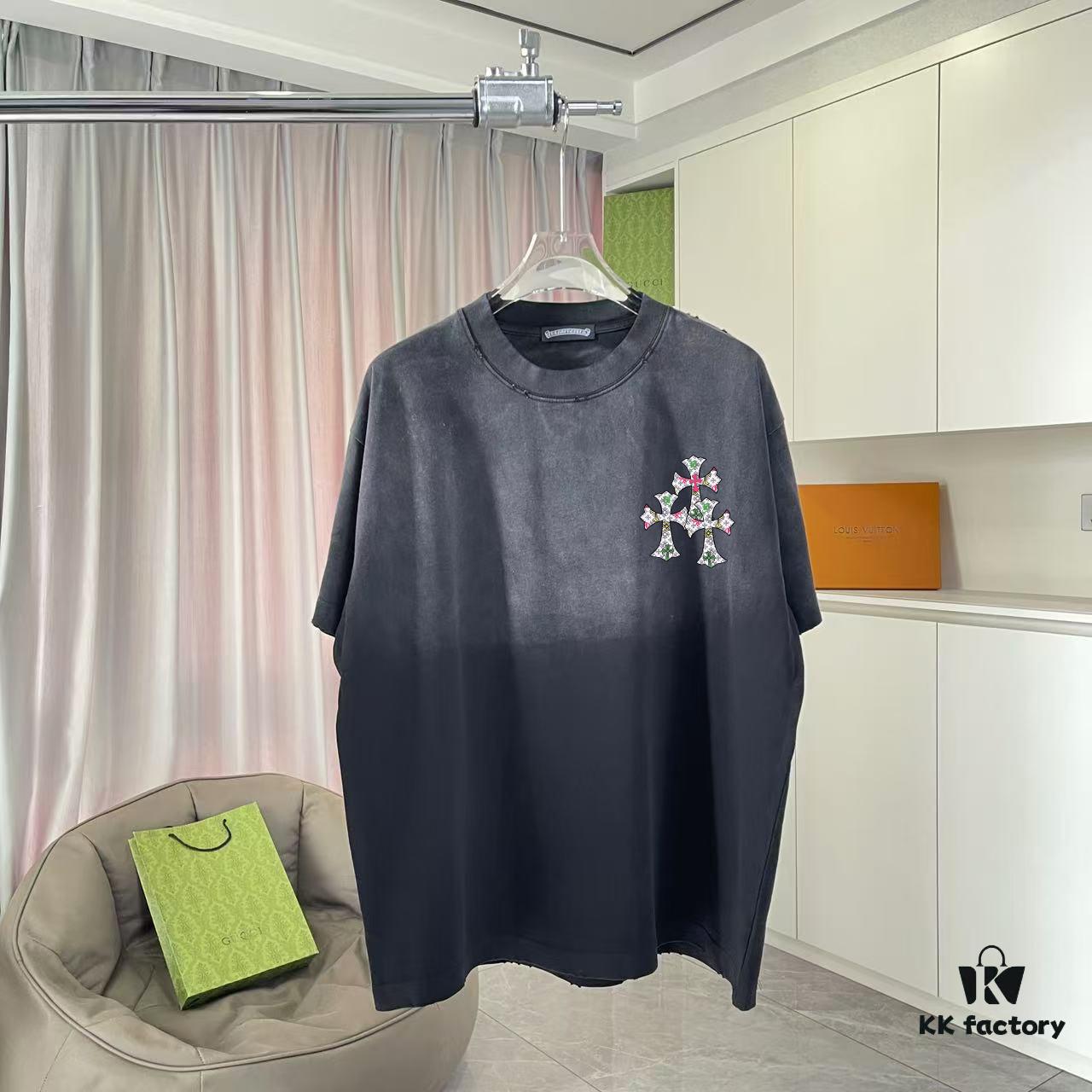 CH Cro* 2025 Summer New Arrival Distressed Washed T-Shirt with Monkey Spray, Sanskrit Cross Print, Short Sleeve Unisex Tee in Custom 320g Fabric