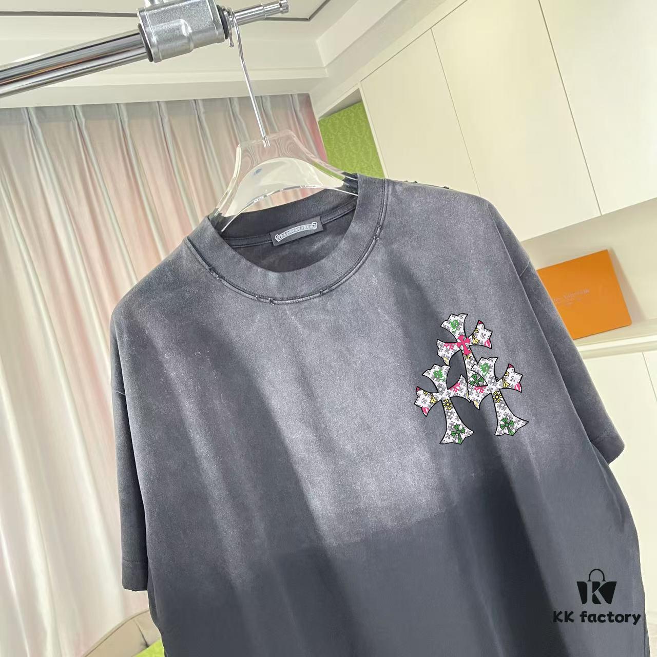 CH Cro* 2025 Summer New Arrival Distressed Washed T-Shirt with Monkey Spray, Sanskrit Cross Print, Short Sleeve Unisex Tee in Custom 320g Fabric