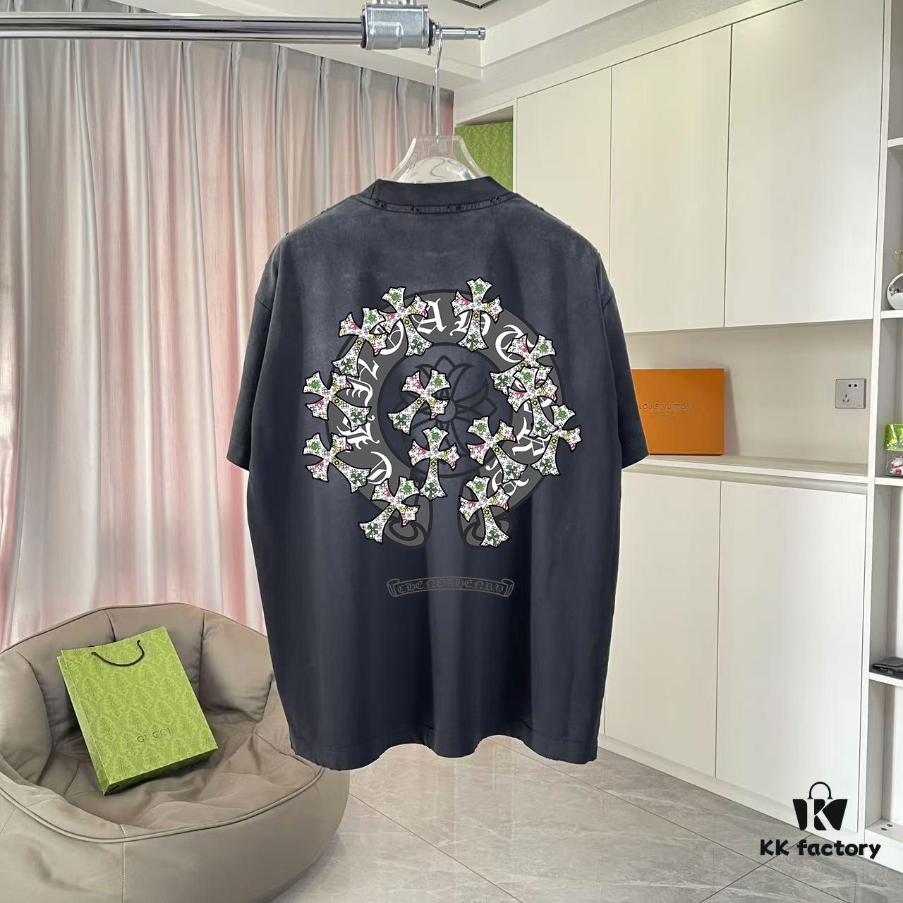 CH Cro* 2025 Summer New Arrival Distressed Washed T-Shirt with Monkey Spray, Sanskrit Cross Print, Short Sleeve Unisex Tee in Custom 320g Fabric