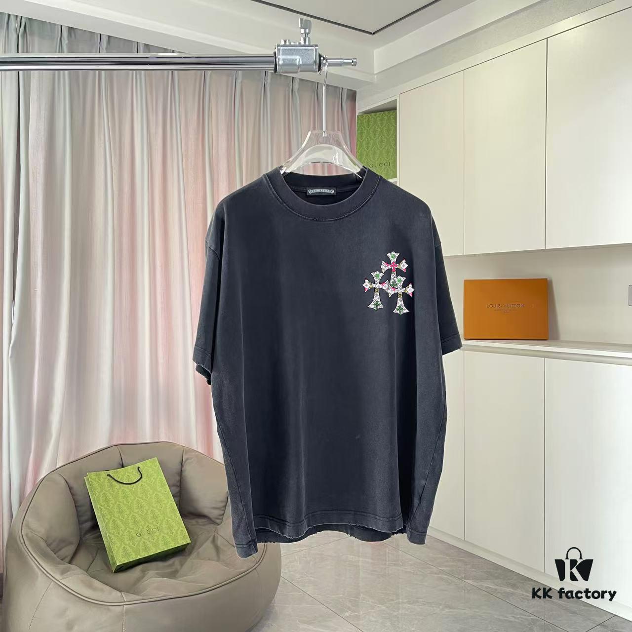 CH Crochet 2025 Summer New Arrival Distressed Washed Short Sleeve T-Shirt with Monkey Spray and Sanskrit Cross Print Custom 320g Fabric Unisex