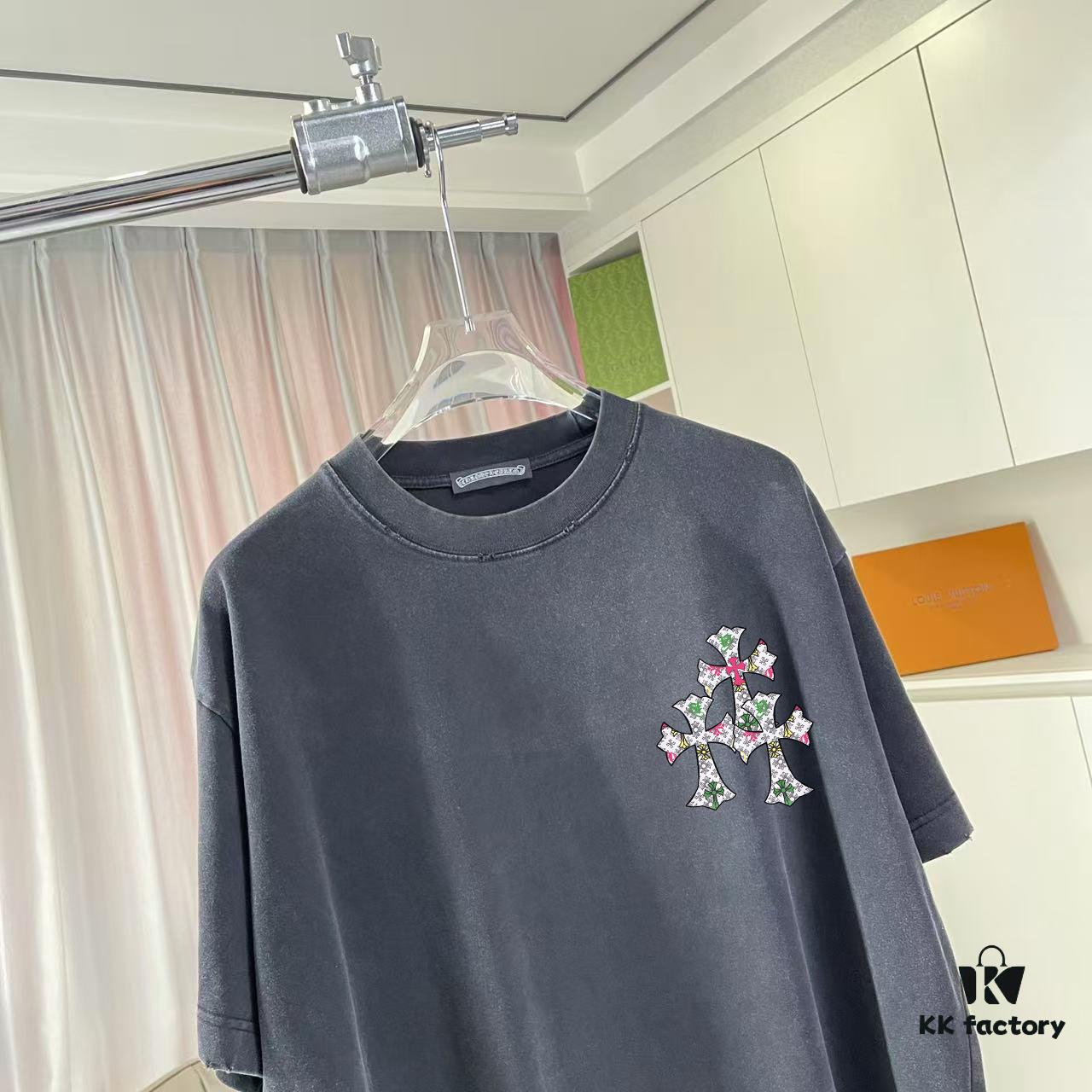 CH Crochet 2025 Summer New Arrival Distressed Washed Short Sleeve T-Shirt with Monkey Spray and Sanskrit Cross Print Custom 320g Fabric Unisex