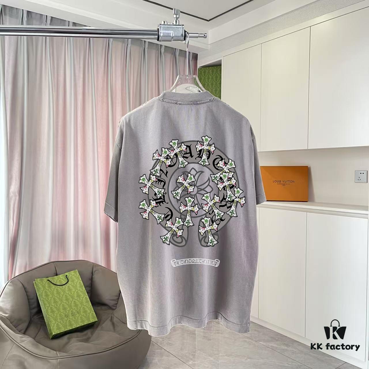 CH Crochet 2025 Summer New Arrival Washed Distressed Ripped Horse Mottled Print Sanskrit Cross Short Sleeve T-Shirt Custom 320g Fabric Unisex