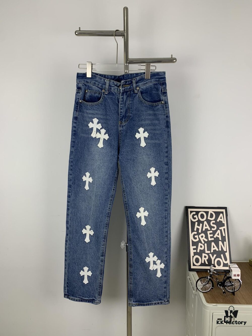 New Chrome Hearts Leather-Patched Denim Jeans Unisex