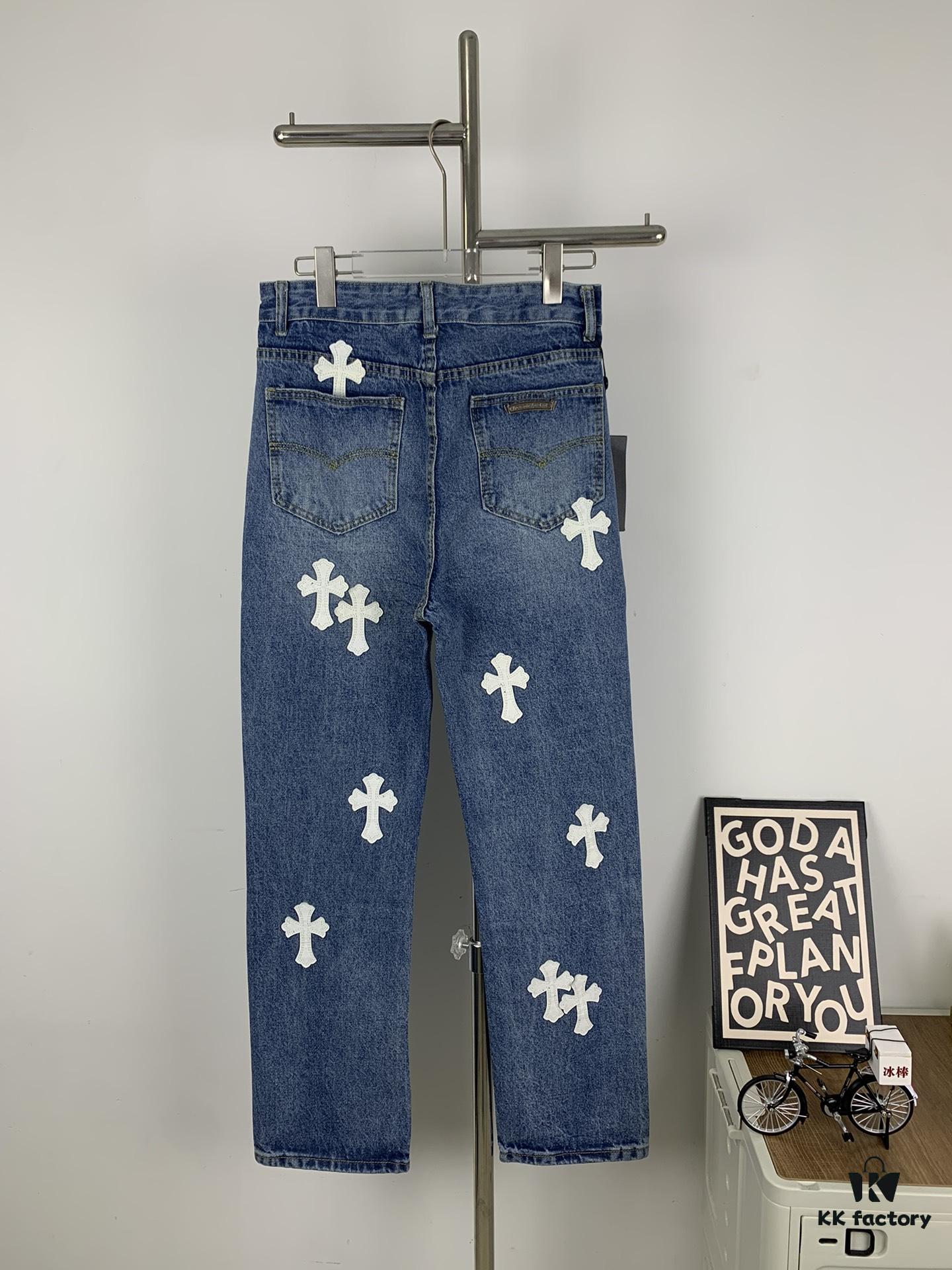 New Chrome Hearts Leather-Patched Denim Jeans Unisex