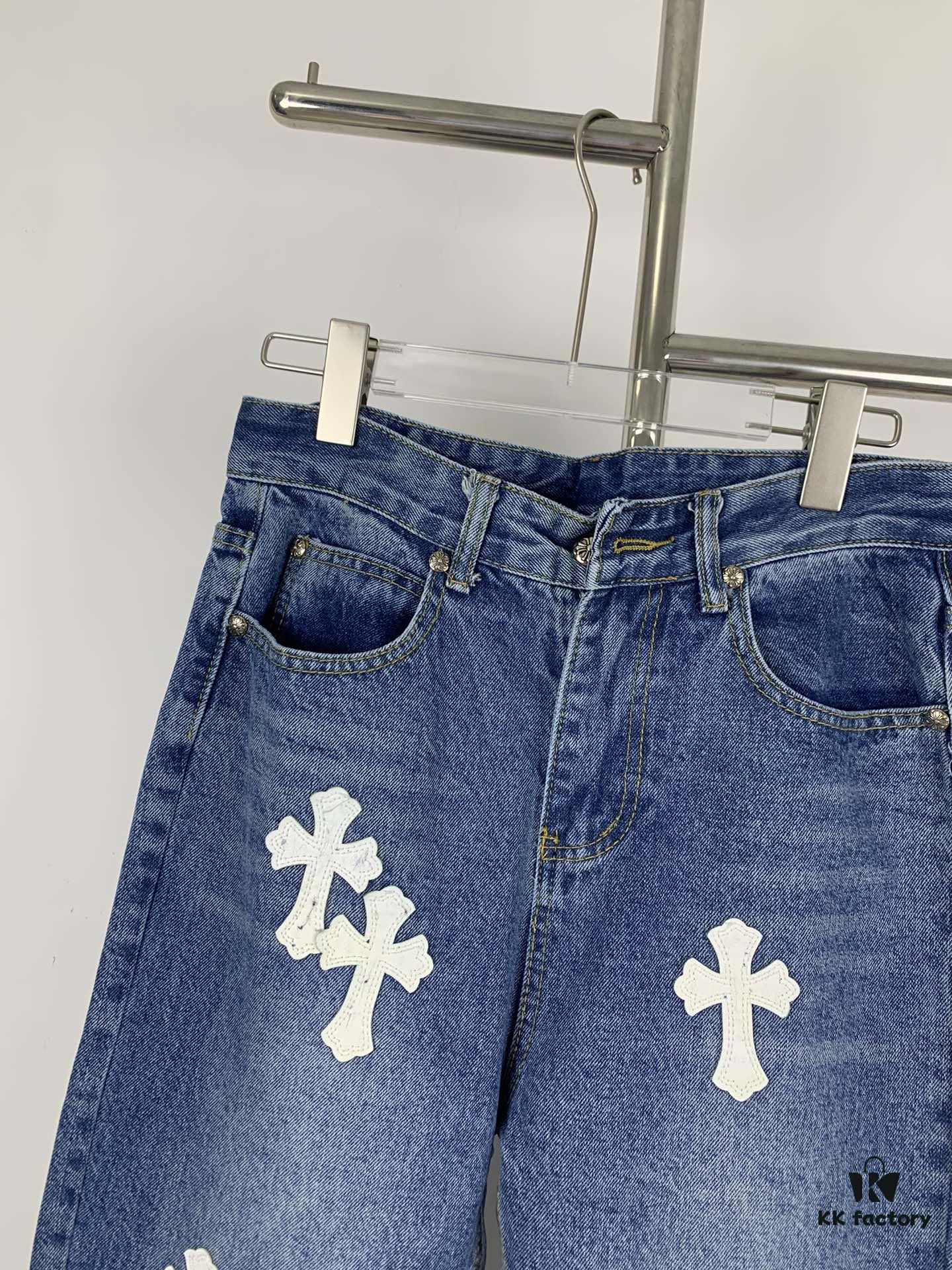 New Chrome Hearts Leather-Patched Denim Jeans Unisex