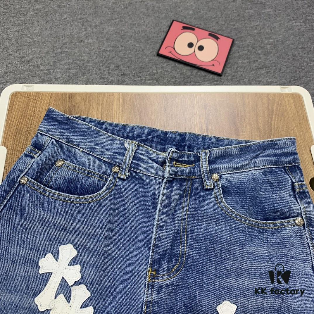 New Chrome Hearts Leather-Patched Denim Jeans Unisex