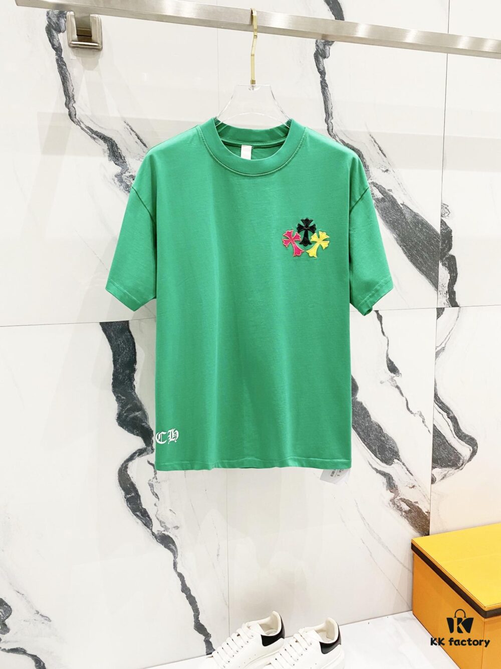 Chrome Hearts 320g Washed Short Sleeve T-Shirt with Rainbow Embroidered Cross Sanskrit Logo
