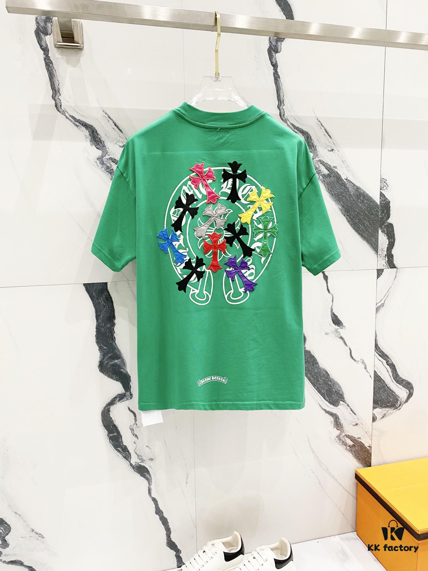 Chrome Hearts 320g Washed Short Sleeve T-Shirt with Rainbow Embroidered Cross Sanskrit Logo