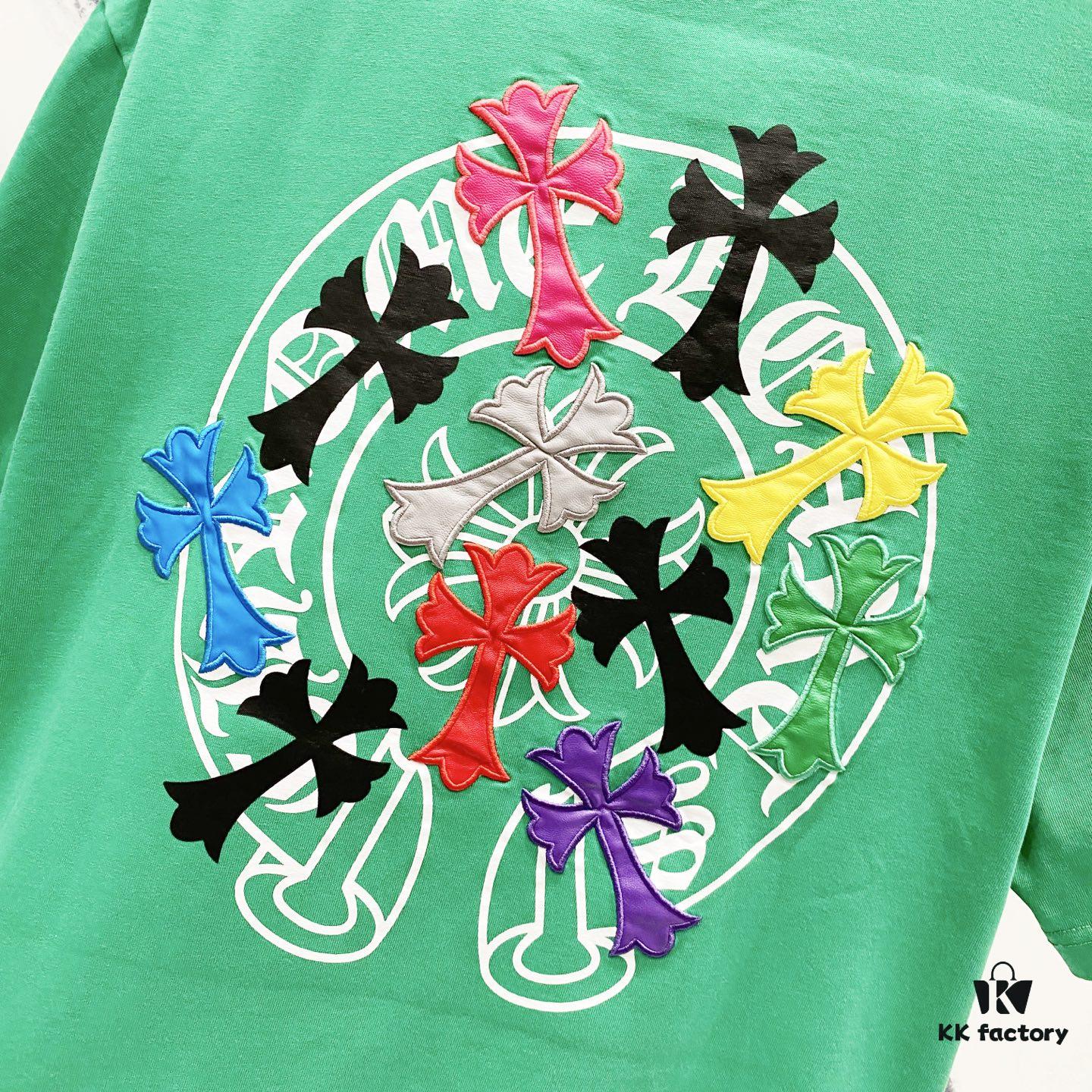 Chrome Hearts 320g Washed Short Sleeve T-Shirt with Rainbow Embroidered Cross Sanskrit Logo