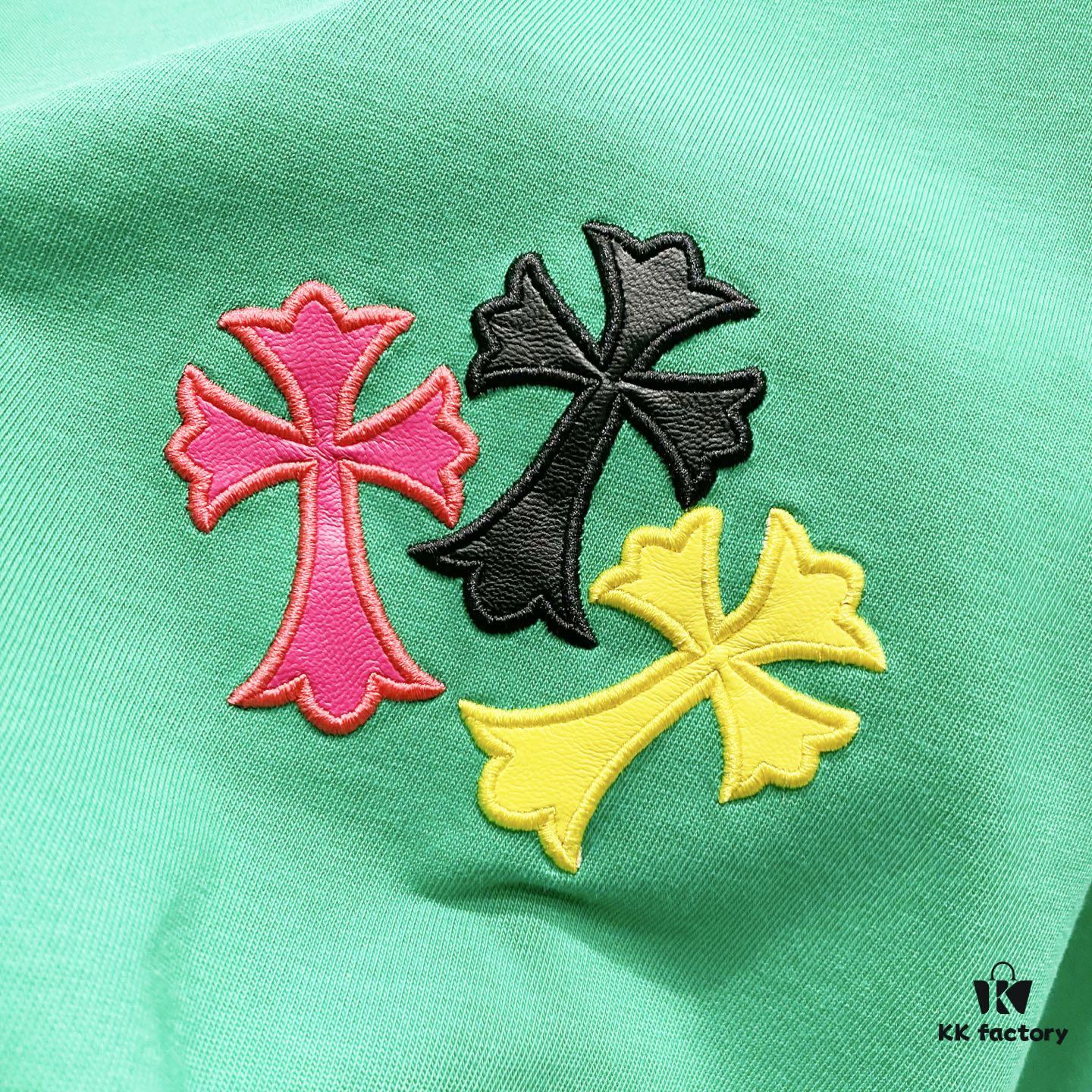 Chrome Hearts 320g Washed Short Sleeve T-Shirt with Rainbow Embroidered Cross Sanskrit Logo