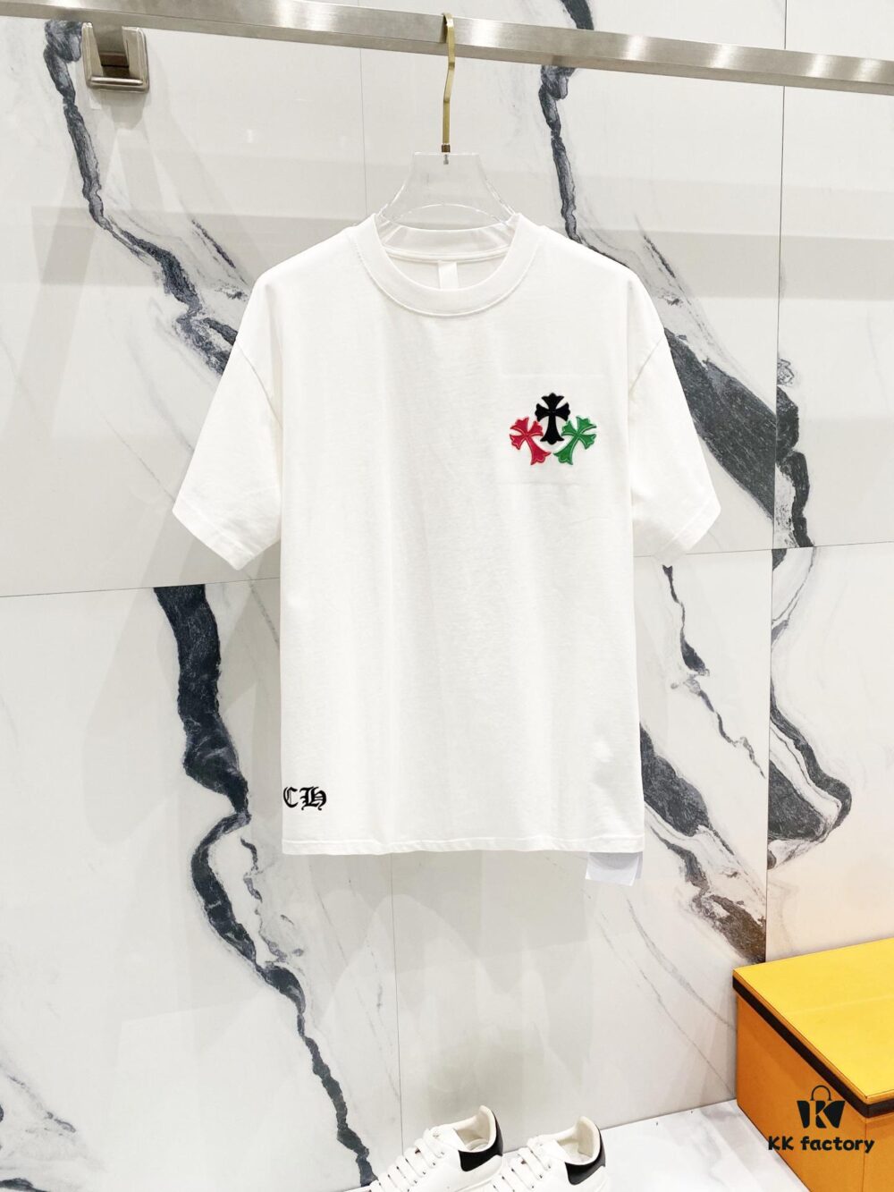 Chrome Hearts 320g Washed Short Sleeve T-Shirt with Rainbow Embroidered Cross Sanskrit Logo
