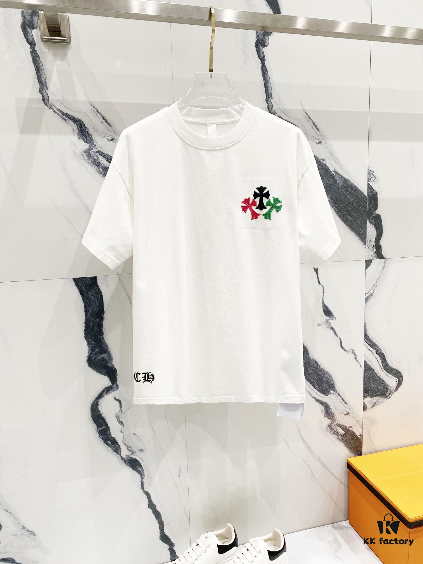 Chrome Hearts 320g Washed Short Sleeve T-Shirt with Rainbow Embroidered Cross Sanskrit Logo