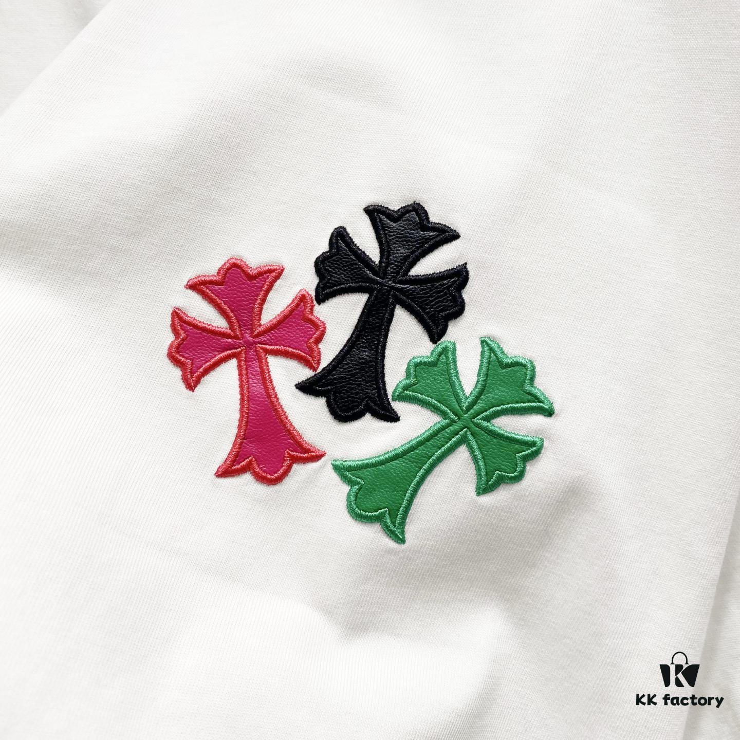 Chrome Hearts 320g Washed Short Sleeve T-Shirt with Rainbow Embroidered Cross Sanskrit Logo