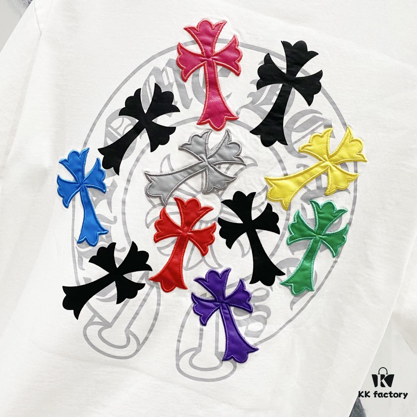 Chrome Hearts 320g Washed Short Sleeve T-Shirt with Rainbow Embroidered Cross Sanskrit Logo