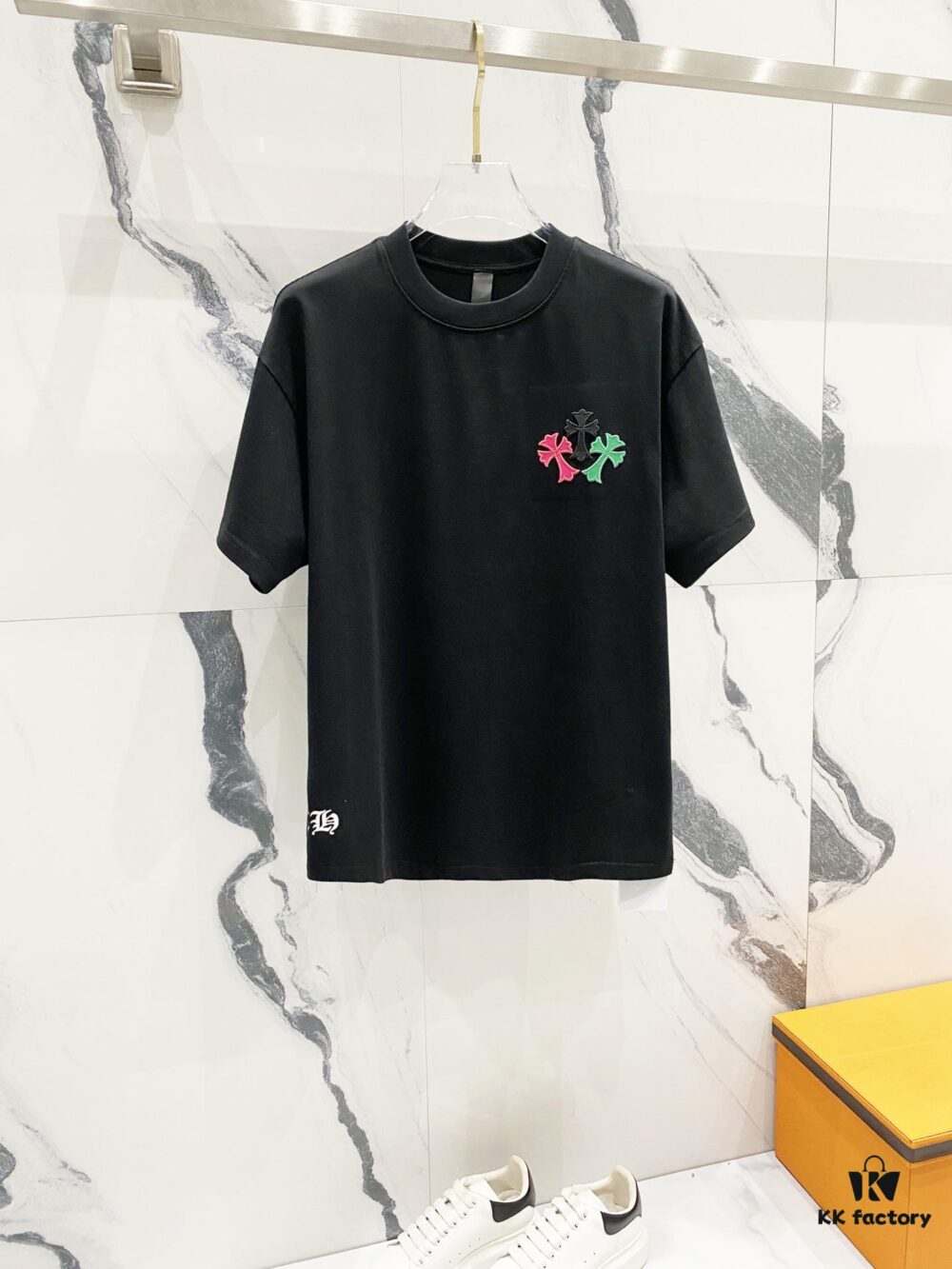 Chrome Hearts 320g Washed Short Sleeve T-Shirt with Rainbow Embroidered Cross Sanskrit Logo