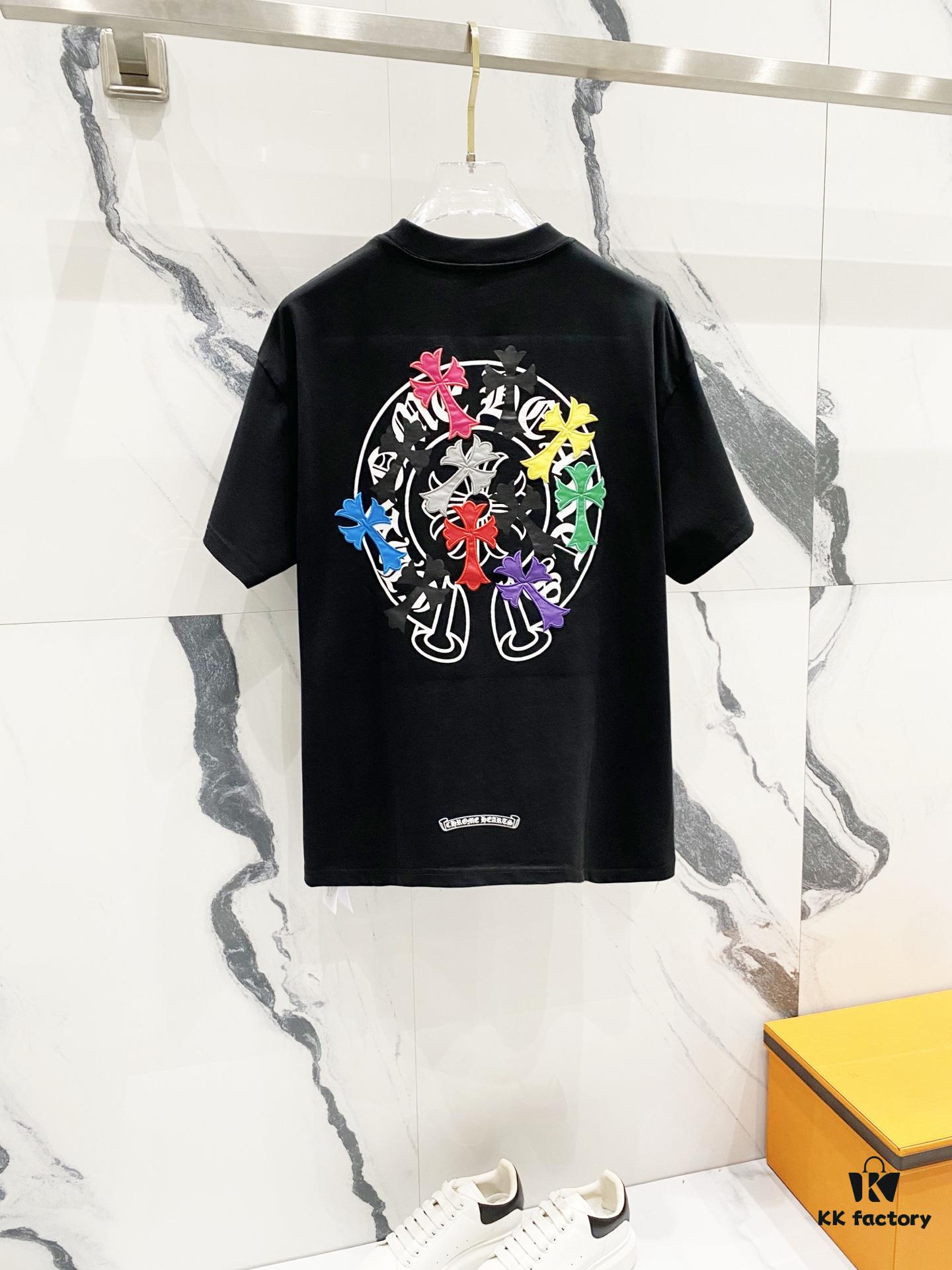 Chrome Hearts 320g Washed Short Sleeve T-Shirt with Rainbow Embroidered Cross Sanskrit Logo
