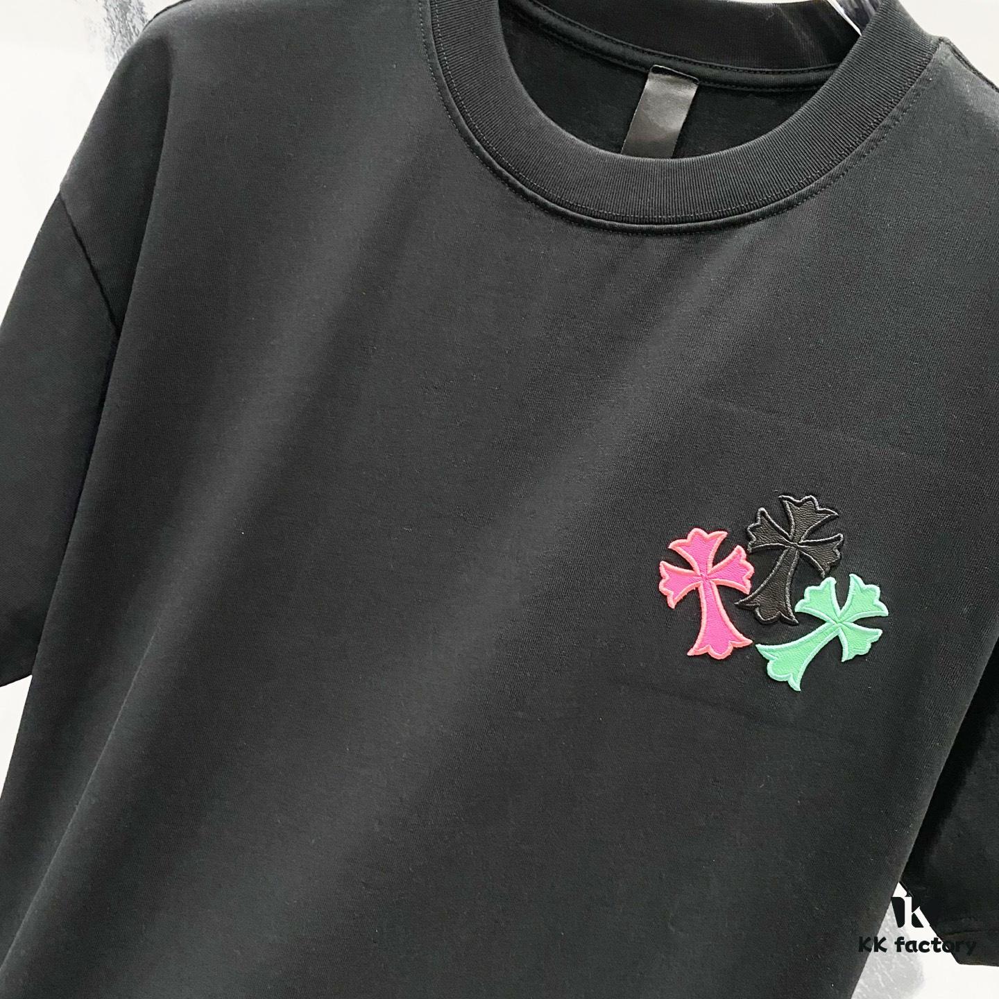 Chrome Hearts 320g Washed Short Sleeve T-Shirt with Rainbow Embroidered Cross Sanskrit Logo