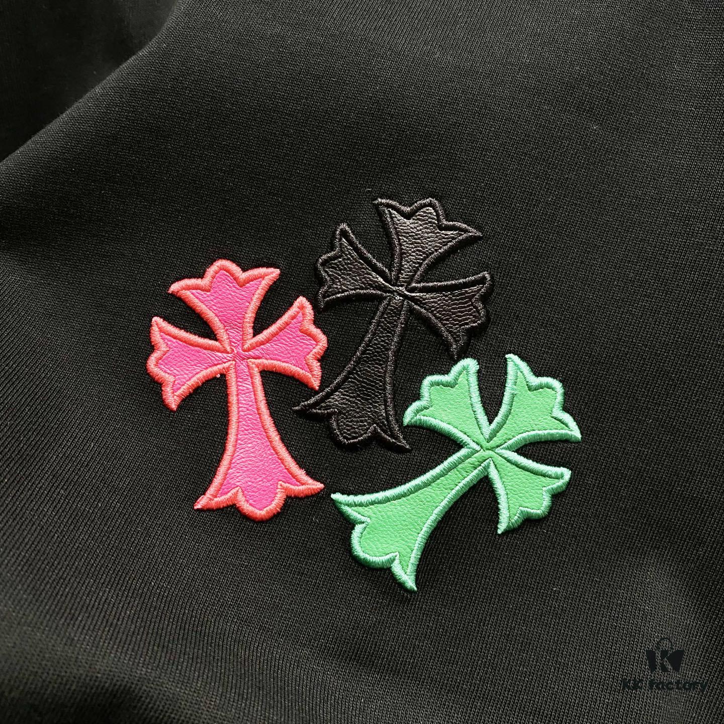 Chrome Hearts 320g Washed Short Sleeve T-Shirt with Rainbow Embroidered Cross Sanskrit Logo
