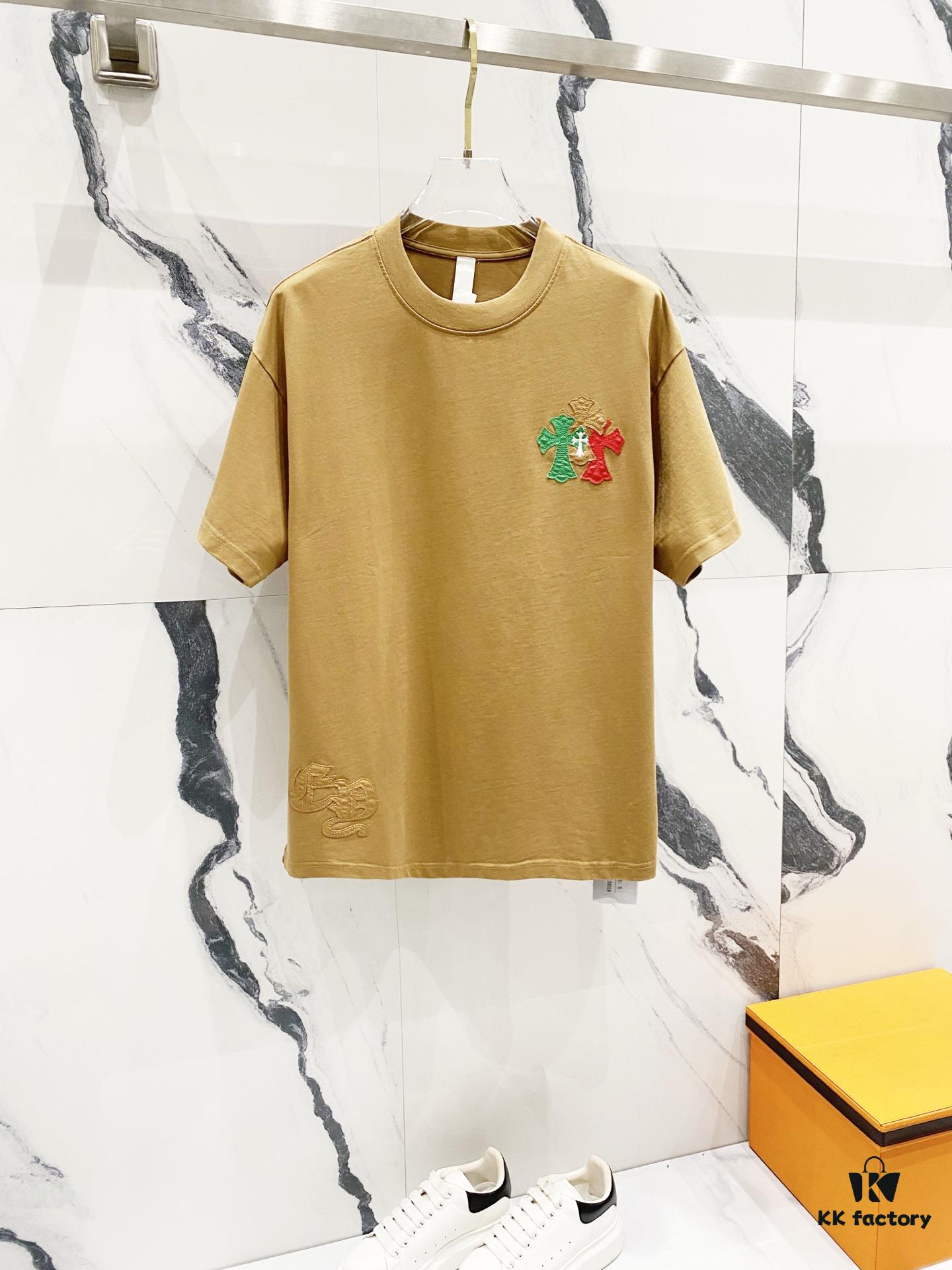 Chrome Hearts 320g Washed Short Sleeve T-Shirt with Leather Sanskrit Mantra and Colorful Cross Logo Front and Back