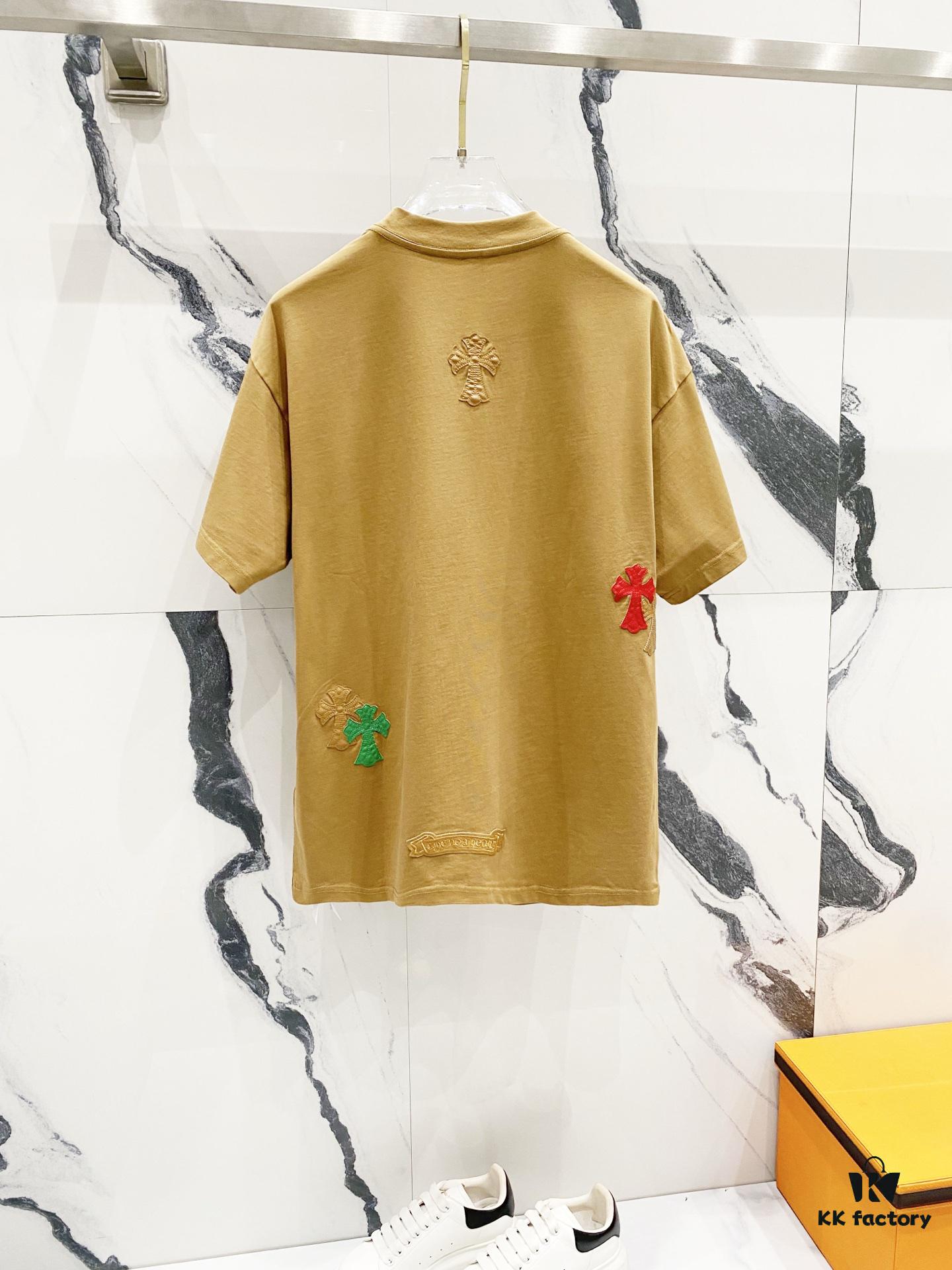 Chrome Hearts 320g Washed Short Sleeve T-Shirt with Leather Sanskrit Mantra and Colorful Cross Logo Front and Back