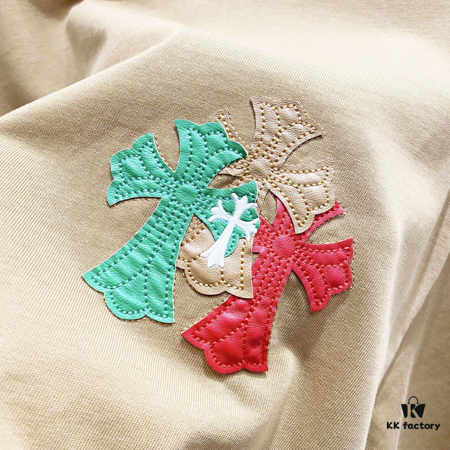 Chrome Hearts 320g Washed Short Sleeve T-Shirt with Leather Sanskrit Mantra and Colorful Cross Logo Front and Back