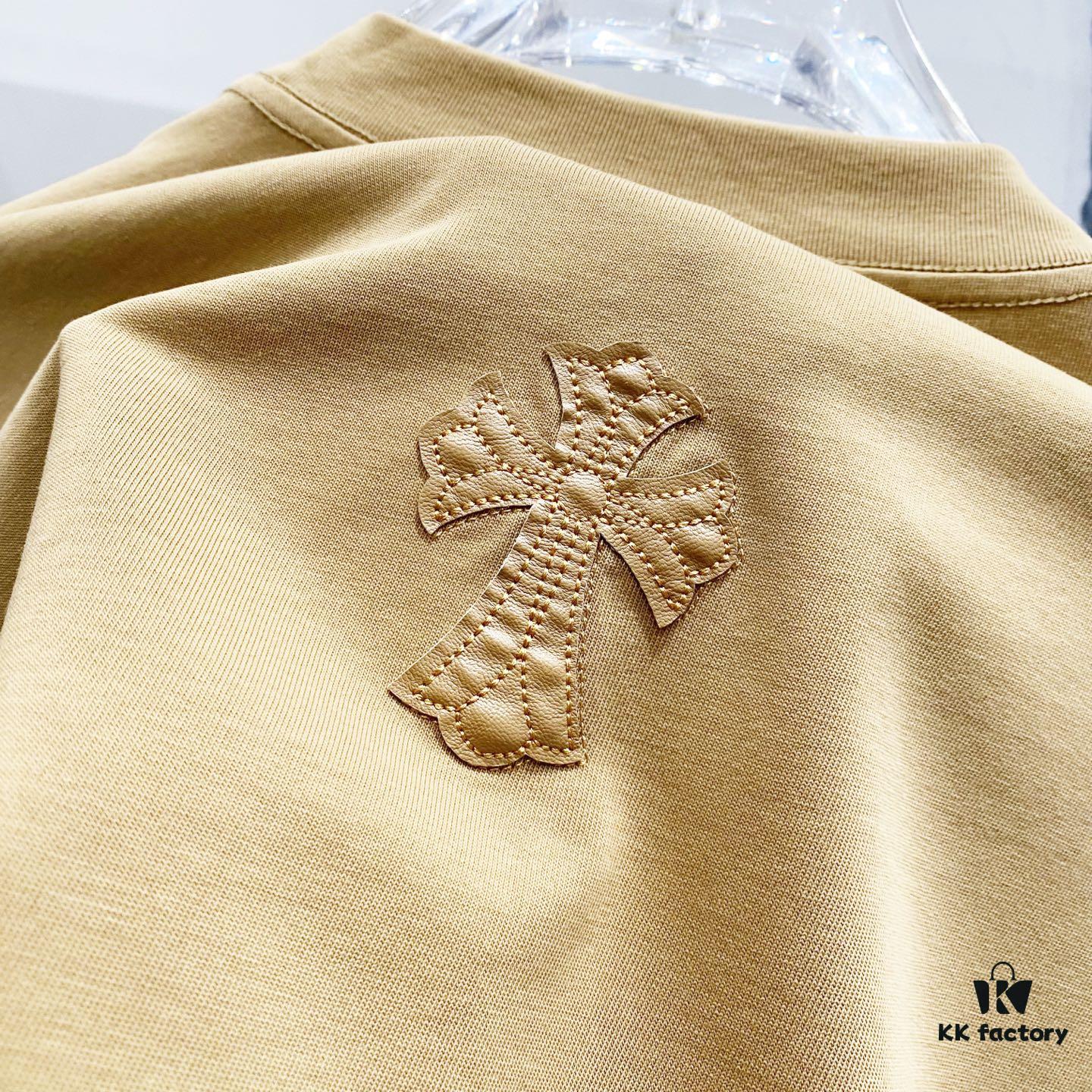 Chrome Hearts 320g Washed Short Sleeve T-Shirt with Leather Sanskrit Mantra and Colorful Cross Logo Front and Back