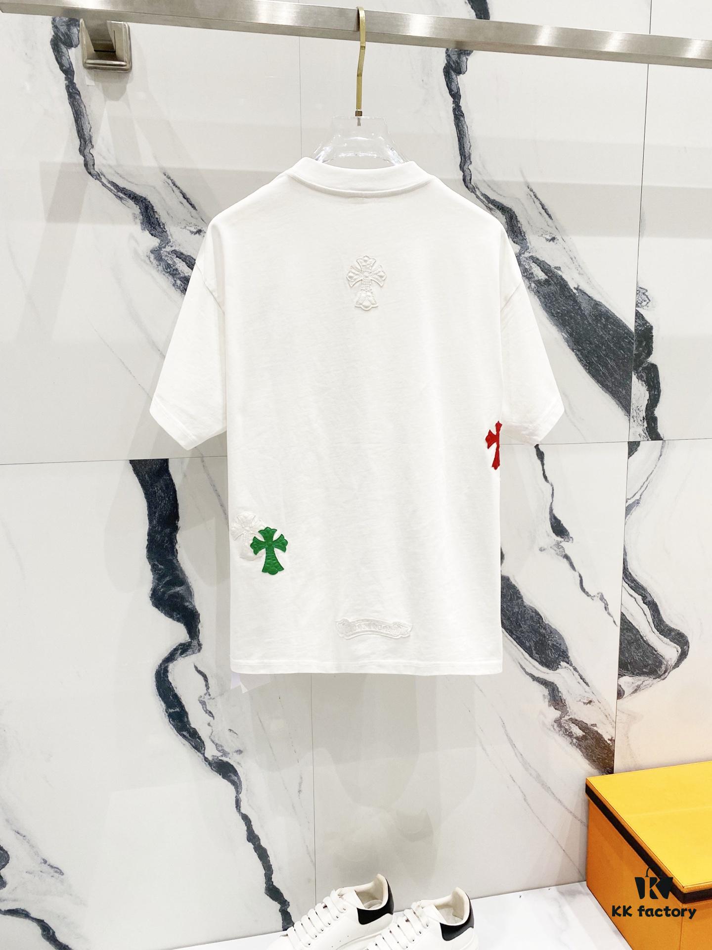 Chrome Hearts 320g Washed Short Sleeve T-Shirt with Leather Sanskrit Colorful Cross Logo Front and Back