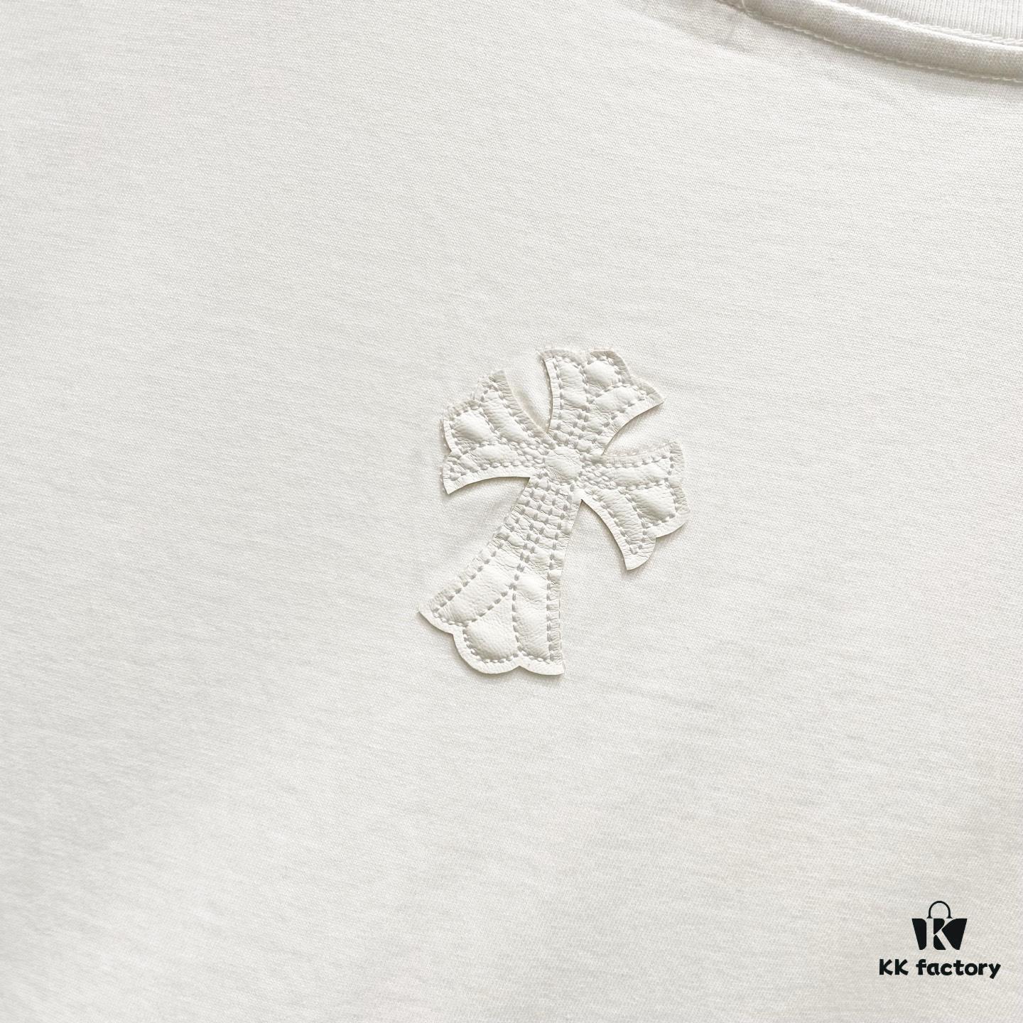 Chrome Hearts 320g Washed Short Sleeve T-Shirt with Leather Sanskrit Colorful Cross Logo Front and Back