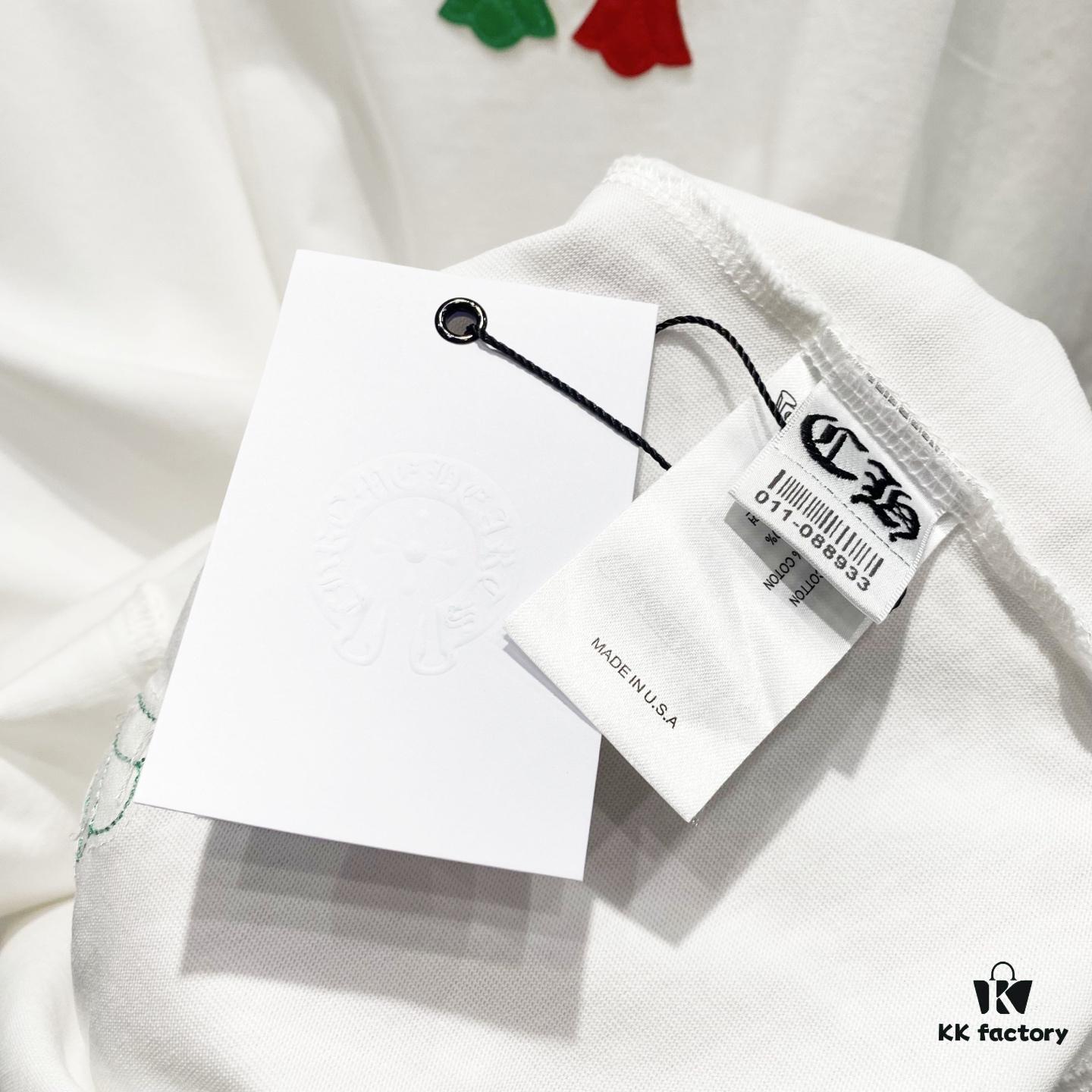 Chrome Hearts 320g Washed Short Sleeve T-Shirt with Leather Sanskrit Colorful Cross Logo Front and Back