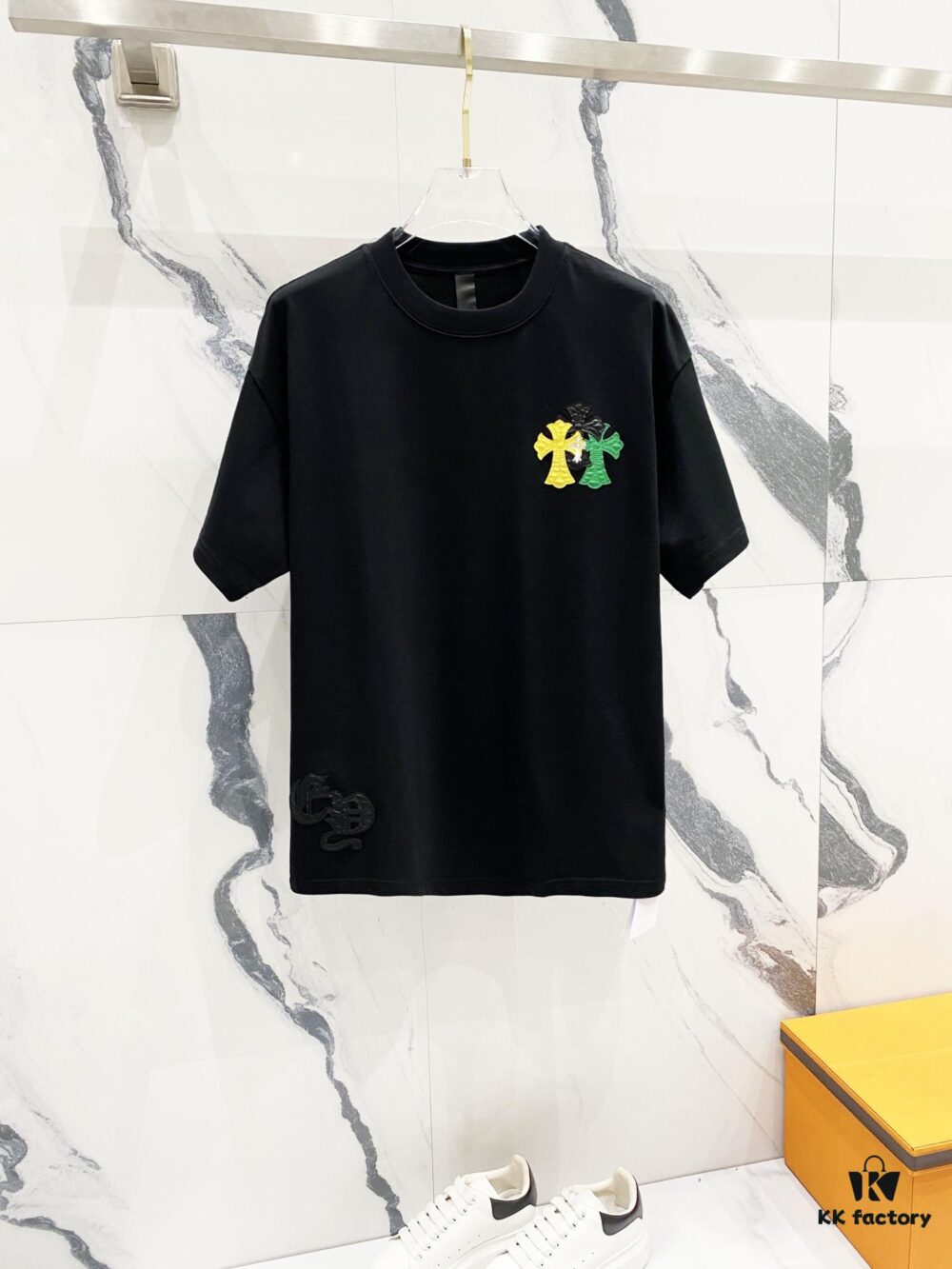Chrome Hearts 320g Washed Cotton Short Sleeve T-Shirt with Leather Front and Back Sanskrit Mantra Colorful Cross Logo
