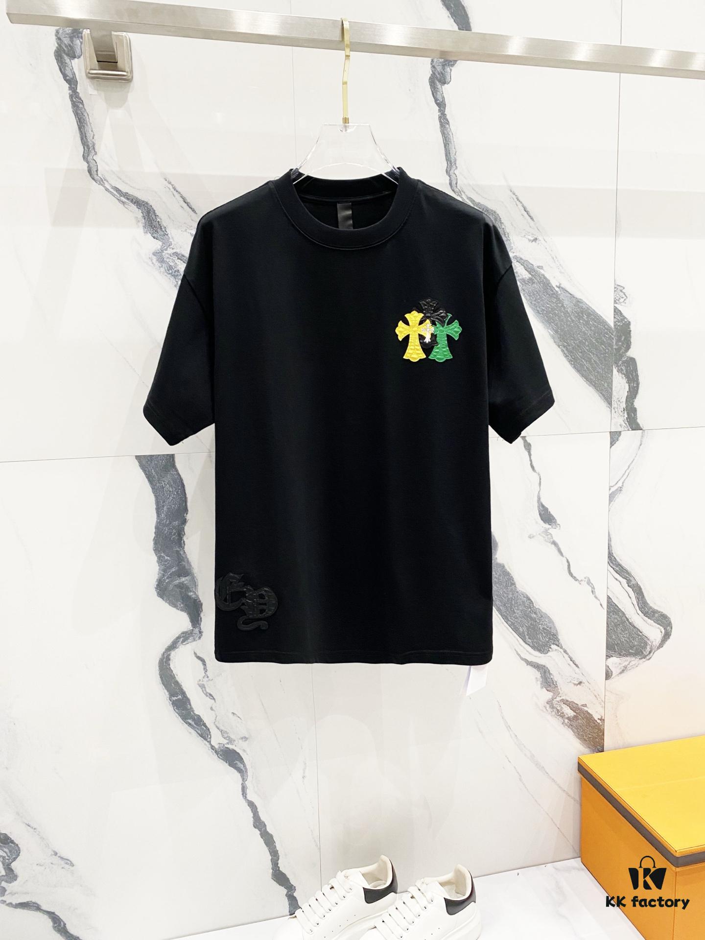 Chrome Hearts 320g Washed Cotton Short Sleeve T-Shirt with Leather Front and Back Sanskrit Mantra Colorful Cross Logo