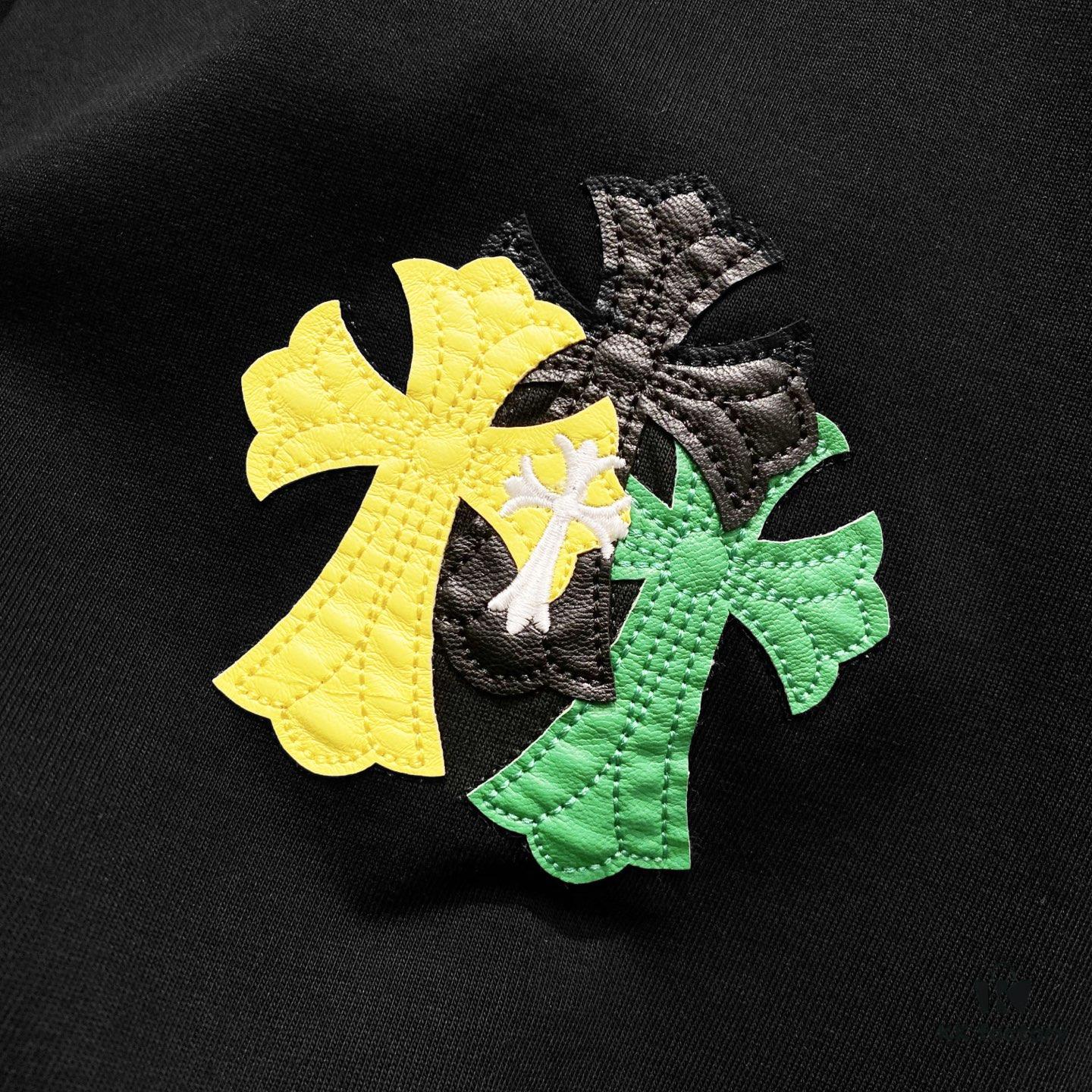 Chrome Hearts 320g Washed Cotton Short Sleeve T-Shirt with Leather Front and Back Sanskrit Mantra Colorful Cross Logo