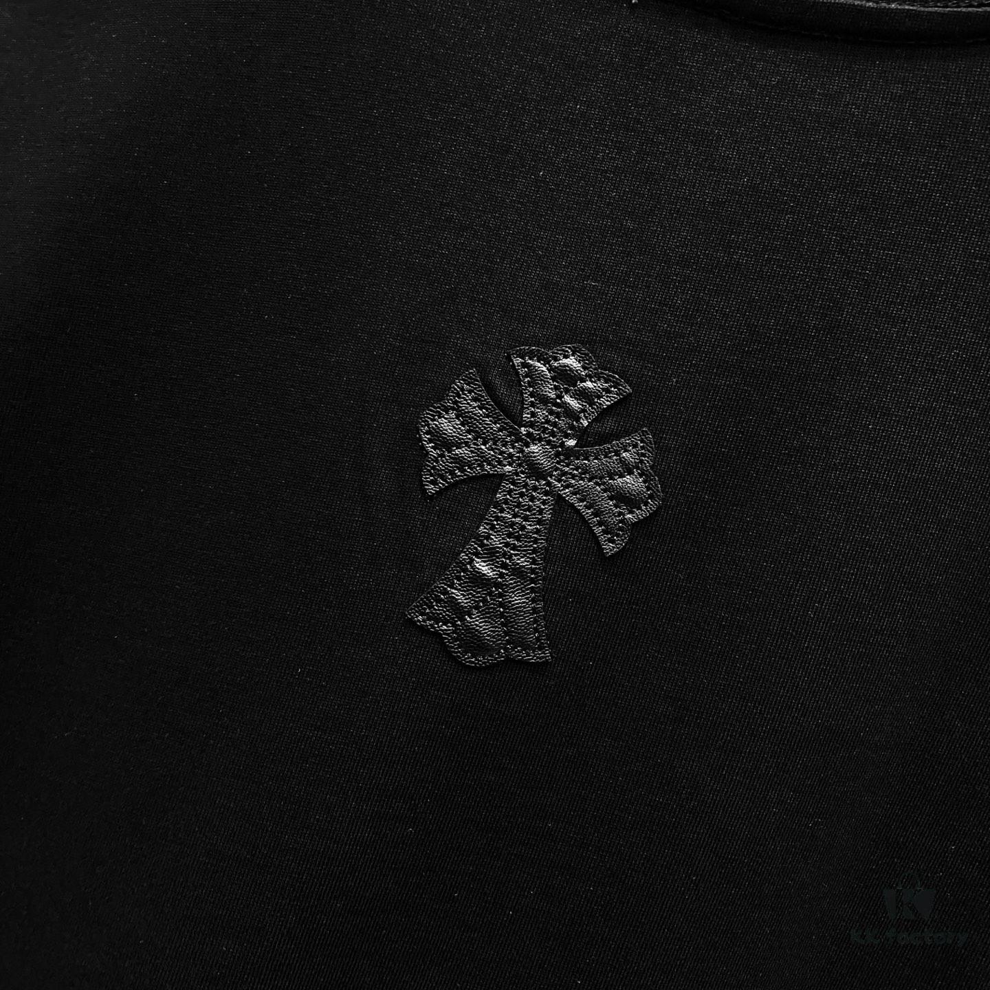 Chrome Hearts 320g Washed Cotton Short Sleeve T-Shirt with Leather Front and Back Sanskrit Mantra Colorful Cross Logo