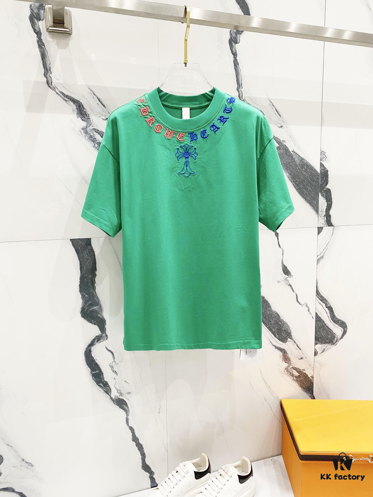 Chrome Hearts 320g Washed Short Sleeve T-Shirt with Embroidered Sanskrit Logo and Cross Patch