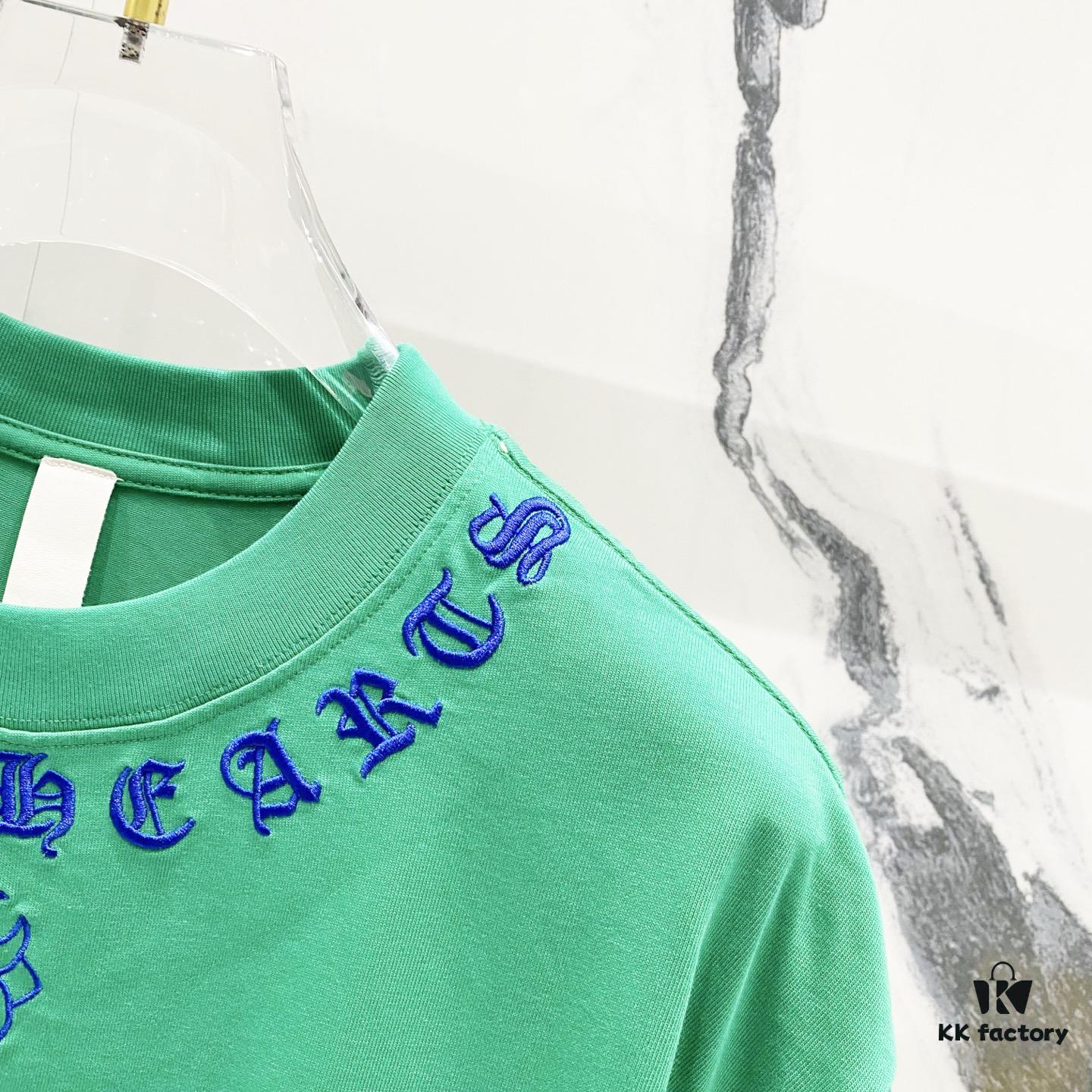 Chrome Hearts 320g Washed Short Sleeve T-Shirt with Embroidered Sanskrit Logo and Cross Patch